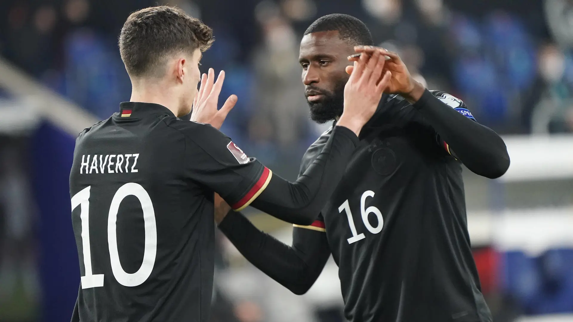 celebrate the goal, Torjubel zum 2:0 um Kai Havertz Deutschland, Germany mit Antonio Rüdiger Deutschland Germany- 25.03.2021: WM-Qualifikationsspiel Deutschland gegen Island, Schauinsland Arena Duisburg *** celebrate the goal, goal celebration to the 2 0 around Kai Havertz Germany, Germany with Antonio Rüdiger Germany Germany 25 03 2021 World Cup qualifying match Germany against Iceland, Schauinsland Arena Duisburg