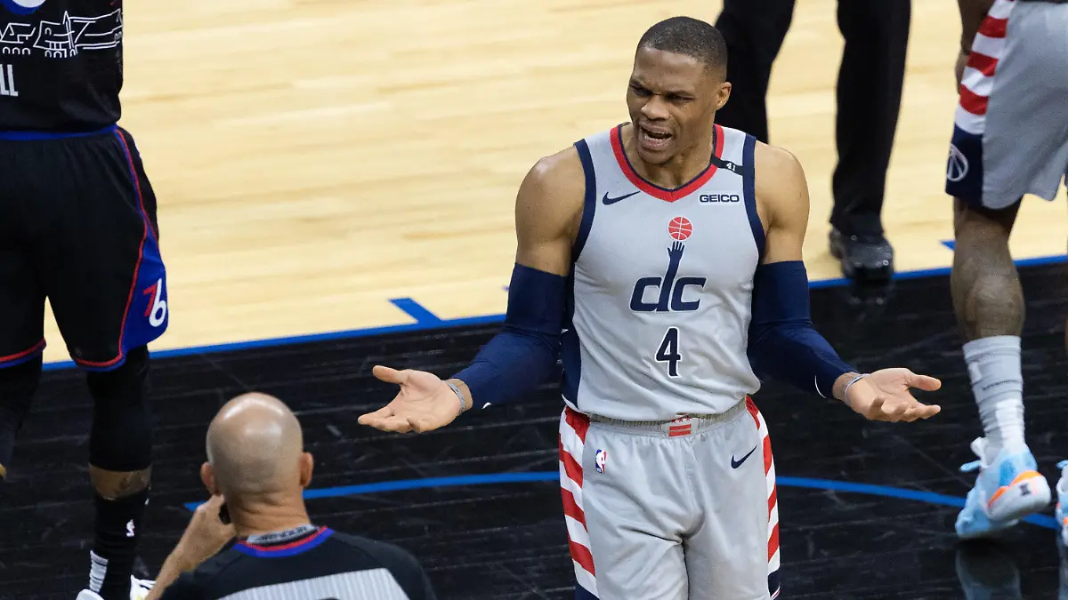 May 26, 2021; Philadelphia, Pennsylvania, USA; Washington Wizards guard Russell Westbrook (4) argues a call with referee Jacyn Goble (68) during the fourth quarter of game two against the Philadelphia 76ers in the first round of the 2021 NBA Playoffs at Wells Fargo Center. Mandatory Credit: Bill Streicher-USA TODAY Sports