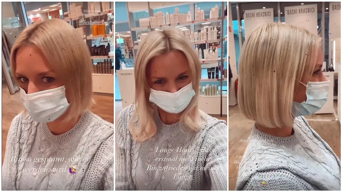 Sandra Kuhn vor den Extensions, mit noch ungeschnittenen Haaren und hinterher das Ergebnis.