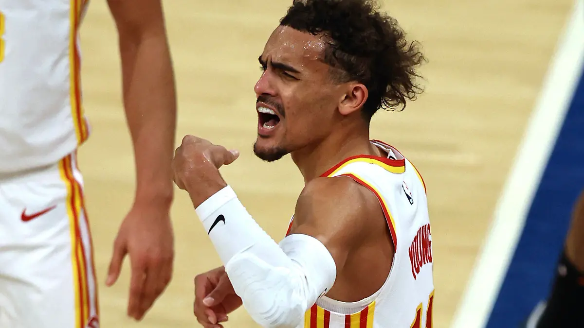 Atlanta Hawks' Trae Young (11) reacts to a call during the third quarter in Game 2 in an NBA basketball first-round playoff series against the New York Knicks on Wednesday, May 26, 2021, in New York. (Elsa/Pool Photo via AP)