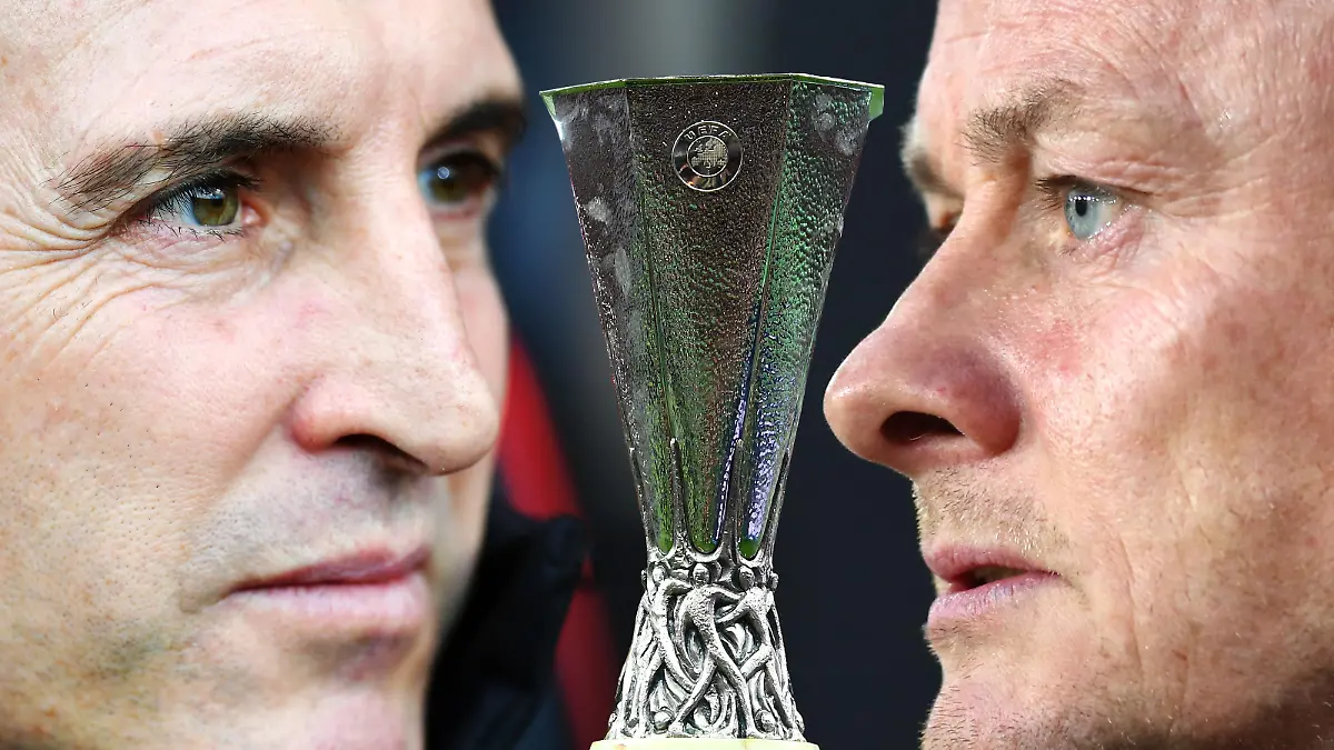 FILE PHOTO (EDITORS NOTE: COMPOSITE OF IMAGES - Image numbers 1065112934, 1152467118, 1139964960 - GRADIENT ADDED) In this composite image a comparison has been made between Unai Emery, Head Coach of Villarreal CF and Ole Gunnar Solskjaer, Manager of Manchester United. Villarreal CF and Manchester United meet in the Europa League Final on May 26,2021 at the Gdansk Arena in Gdansk,Poland. ***LEFT IMAGE*** BOURNEMOUTH, ENGLAND - NOVEMBER 25: Unai Emery, Manager of Arsenal looks on prior to the Premier League match between AFC Bournemouth and Arsenal FC at Vitality Stadium on November 25, 2018 in Bournemouth, United Kingdom. (Photo by Dan Mullan/Getty Images) ***CENTER IMAGE*** BAKU, AZERBAIJAN - MAY 29: A detailed view of the Europa League Trophy is seen prior to the UEFA Europa League Final between Chelsea and Arsenal at Baku Olimpiya Stadionu on May 29, 2019 in Baku, Azerbaijan. (Photo by Michael Regan/Getty Images) ***RIGHT IMAGE*** WOLVERHAMPTON, ENGLAND - APRIL 02: Ole Gunnar Solskjaer, Manager of Manchester United looks on prior to the Premier League match between Wolverhampton Wanderers and Manchester United at Molineux on April 02, 2019 in Wolverhampton, United Kingdom. (Photo by Catherine Ivill/Getty Images)