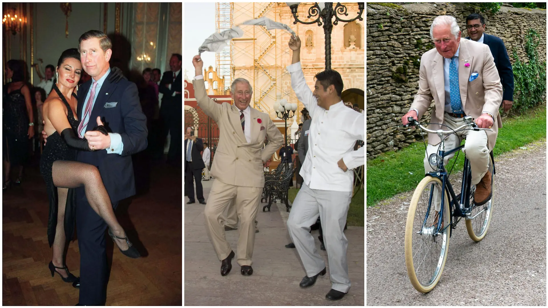 Collage aus 3 Bildern, v.l.: König Charles tanzt mit einer Frau Tango. König Charles tanzt mit einem Mann einen mexikanischen Tanz. König Charles fährt im Anzug Fahrrad.