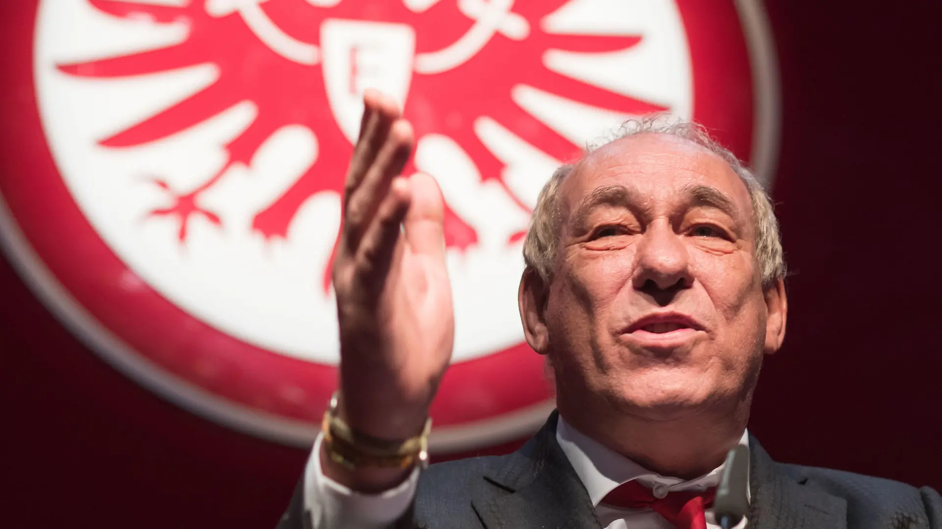 ARCHIV - 28.01.2018, Hessen, Frankfurt/Main: Peter Fischer, Präsident von Eintracht Frankfurt e.V., spricht bei der Mitgliederversammlung von Eintracht Frankfurt vor dem Vereinswappen. Am Jahresende will er aufhören. (zu dpa: ««Kicker»: Eintracht-Präsident Fischer vor Rücktritt») Foto: Frank Rumpenhorst/dpa +++ dpa-Bildfunk +++