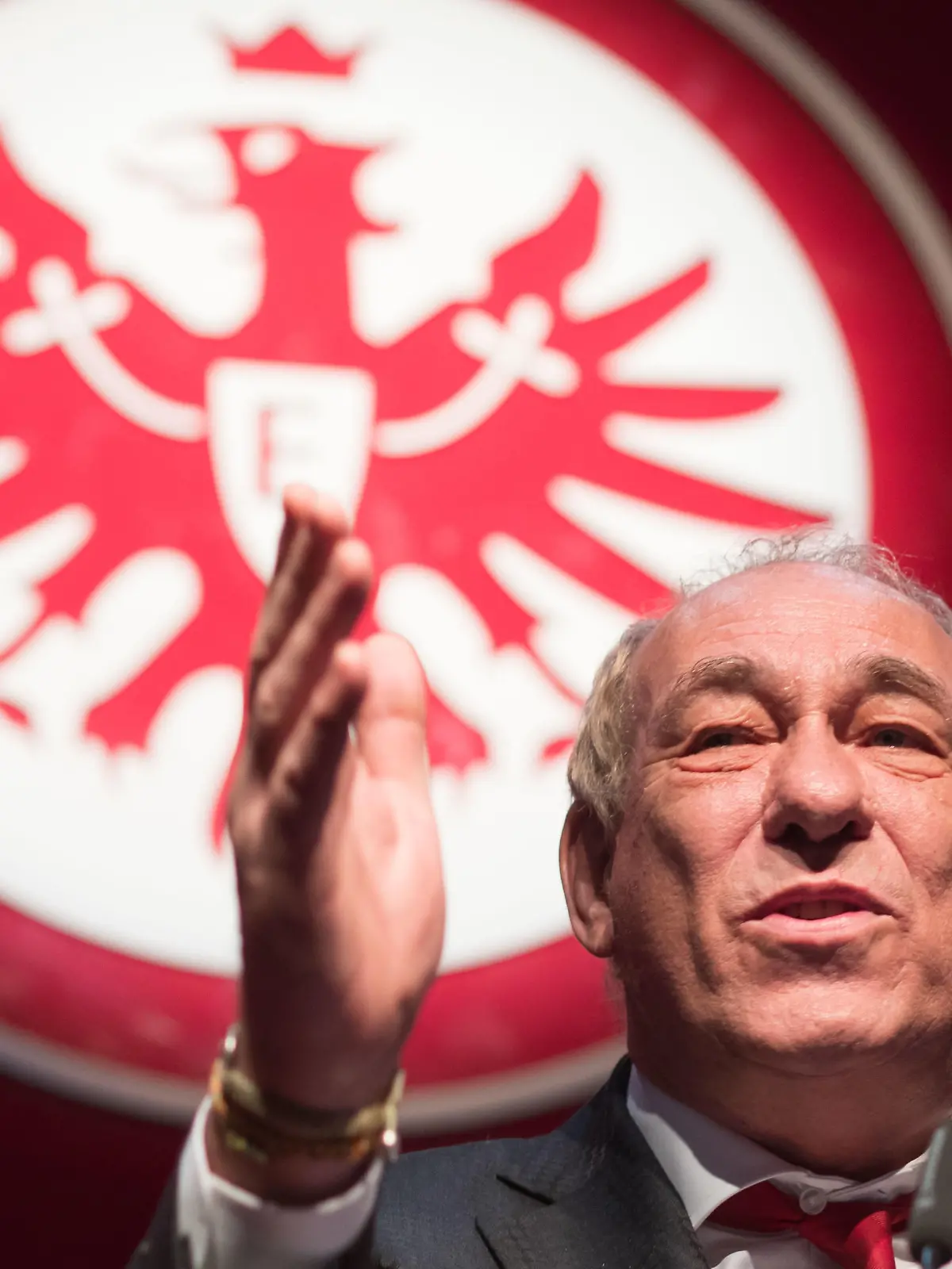 ARCHIV - 28.01.2018, Hessen, Frankfurt/Main: Peter Fischer, Präsident von Eintracht Frankfurt e.V., spricht bei der Mitgliederversammlung von Eintracht Frankfurt vor dem Vereinswappen. Am Jahresende will er aufhören. (zu dpa: ««Kicker»: Eintracht-Präsident Fischer vor Rücktritt») Foto: Frank Rumpenhorst/dpa +++ dpa-Bildfunk +++