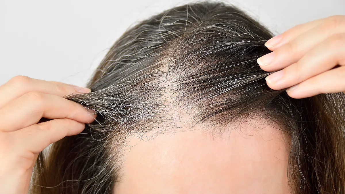 Eine Frau checkt ihre immer grauer werdenden Haare am Ansatz.