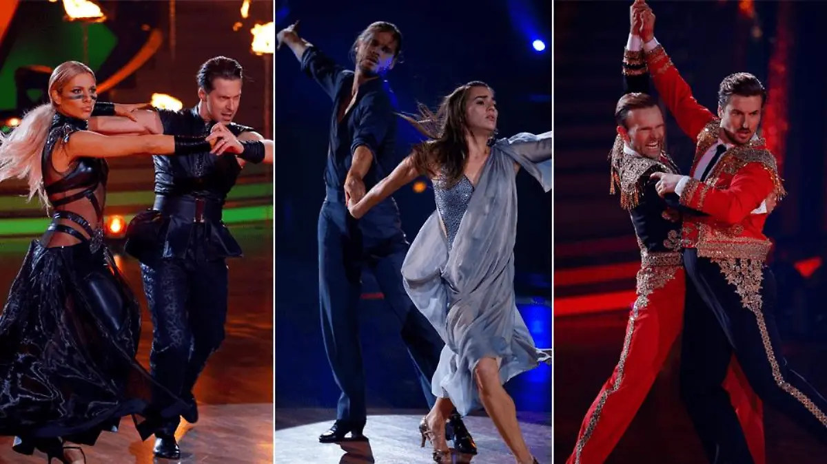 Valentina Pahde und Valentin Lusin, Rúrik Gíslason und Renata Lusin und Nicolas Puschmann und Vadim Garbuzov stehen im "Let's Dance"-Finale 2021.