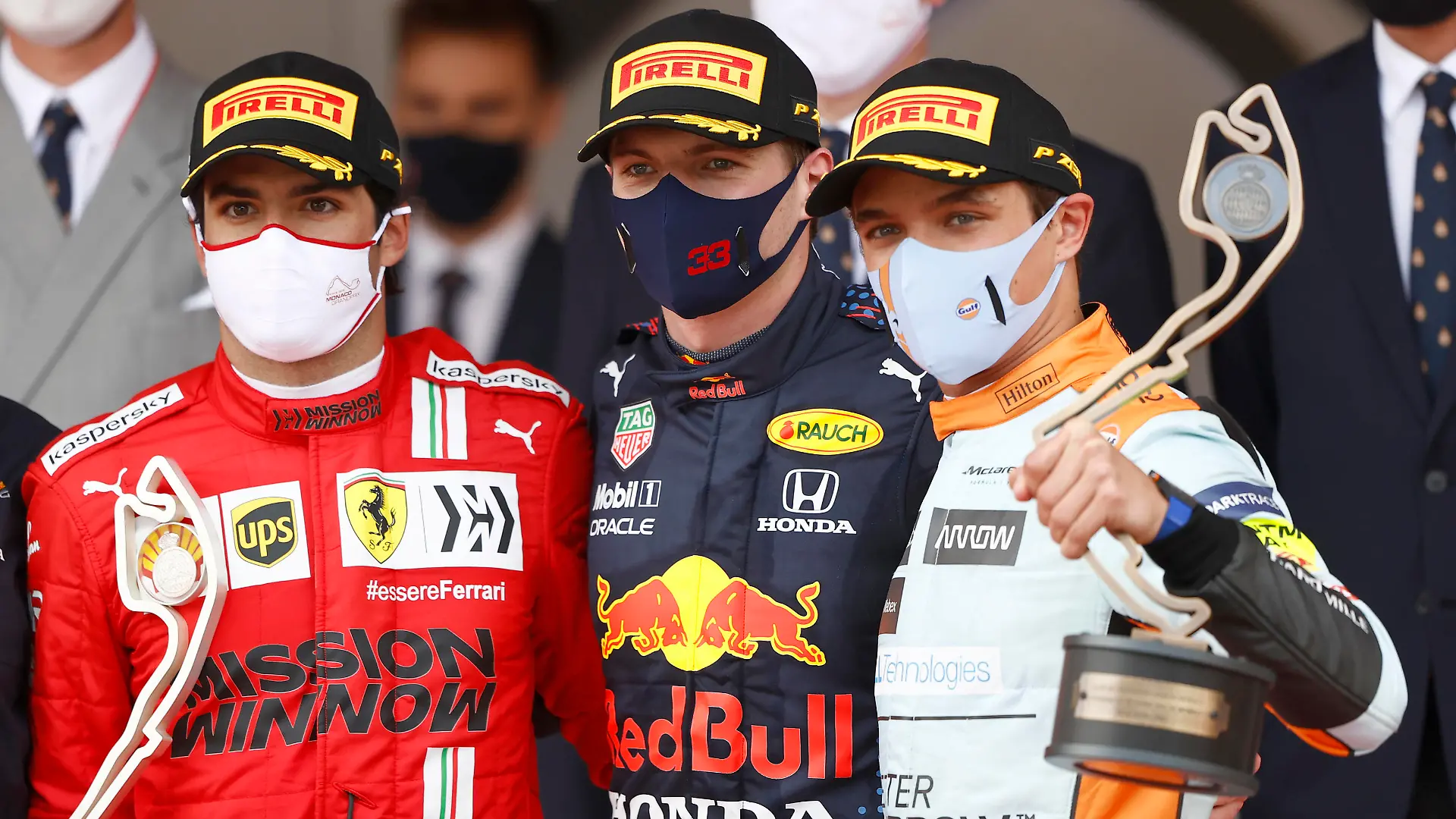 Carlos Sainz, Max Verstappen und Lando Norris (v.li.)