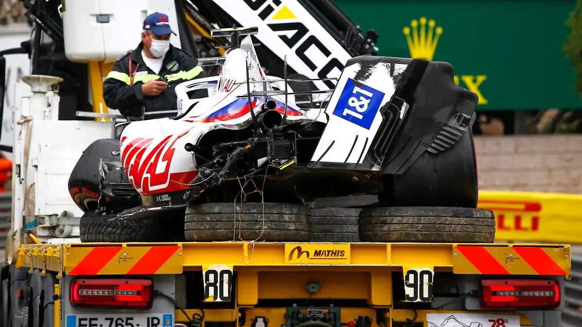 Car of 47 Mick Schumacher GER, Haas F1 Team after crash, F1 Grand Prix of Monaco at Circuit de Monaco on May 22, 2021 in Monte-Carlo, Monaco. Photo by HOCH ZWEI Monte-Carlo Monaco *** Car of 47 Mick Schumacher GER, Haas F1 Team after crash, F1 Grand Prix of Monaco at Circuit de Monaco on May 22, 2021 in Monte Carlo, Monaco Photo by HOCH ZWEI Monte Carlo Monaco 