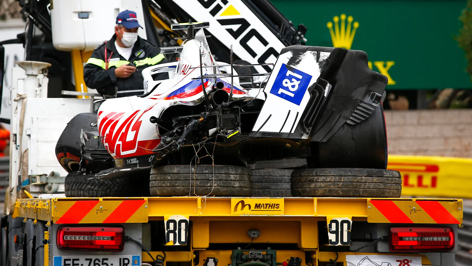 Car of 47 Mick Schumacher GER, Haas F1 Team after crash, F1 Grand Prix of Monaco at Circuit de Monaco on May 22, 2021 in Monte-Carlo, Monaco. Photo by HOCH ZWEI Monte-Carlo Monaco *** Car of 47 Mick Schumacher GER, Haas F1 Team after crash, F1 Grand Prix of Monaco at Circuit de Monaco on May 22, 2021 in Monte Carlo, Monaco Photo by HOCH ZWEI Monte Carlo Monaco