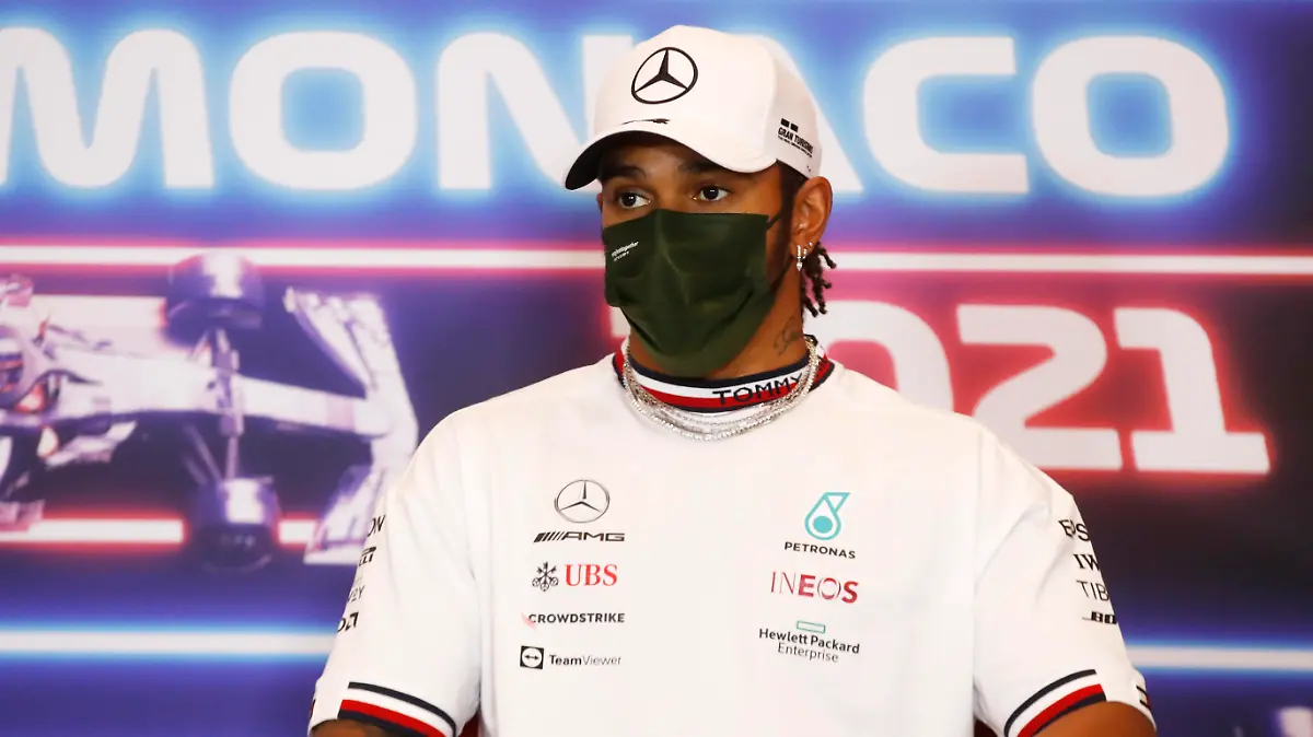 MONTE-CARLO, MONACO - MAY 19: Lewis Hamilton of Great Britain and Mercedes GP talks in the Drivers Press Conference during previews ahead of the F1 Grand Prix of Monaco at Circuit de Monaco on May 19, 2021 in Monte-Carlo, Monaco. (Photo by Sebastien Nogier - Pool/Getty Images)