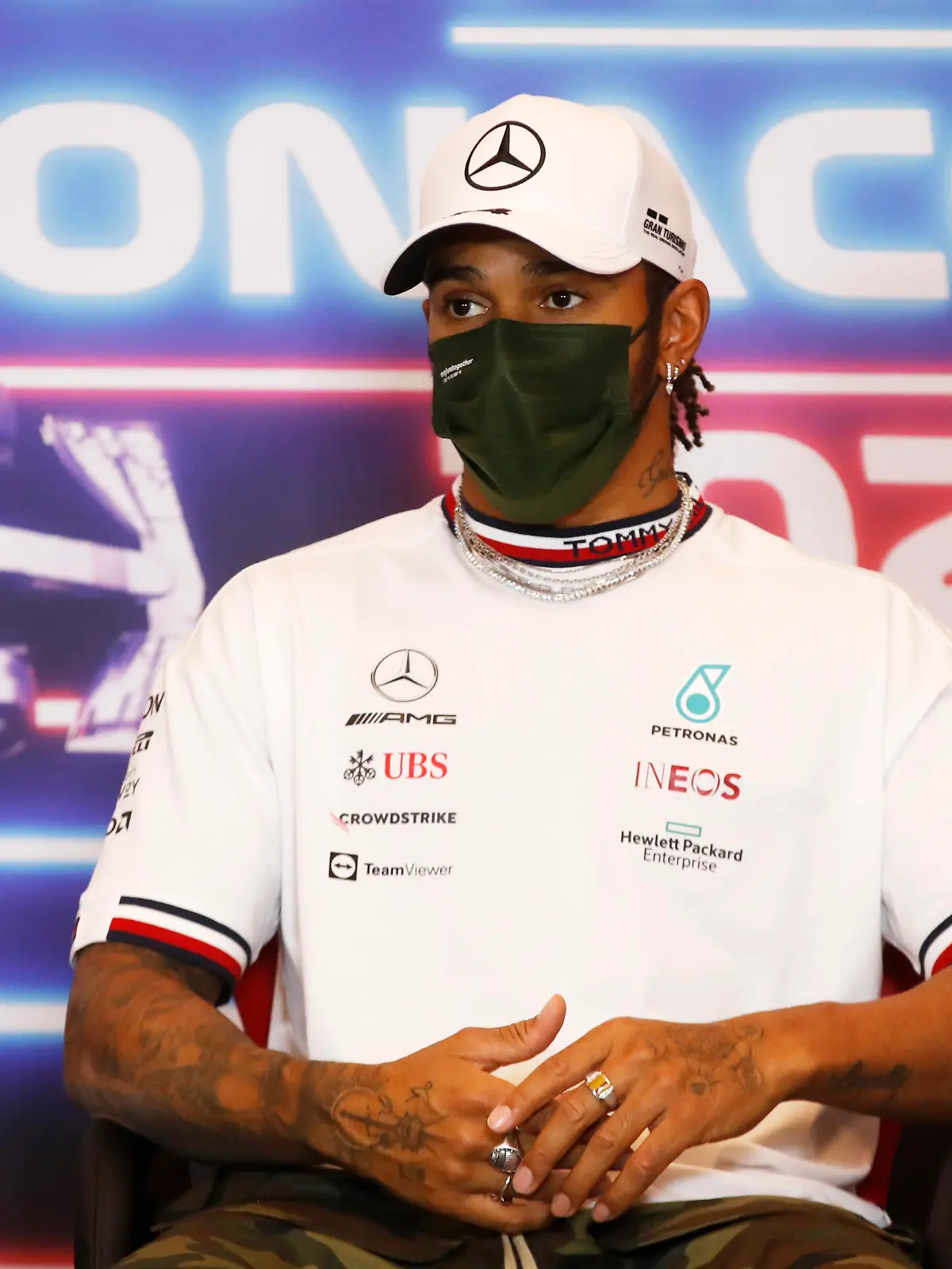 MONTE-CARLO, MONACO - MAY 19: Lewis Hamilton of Great Britain and Mercedes GP talks in the Drivers Press Conference during previews ahead of the F1 Grand Prix of Monaco at Circuit de Monaco on May 19, 2021 in Monte-Carlo, Monaco. (Photo by Sebastien Nogier - Pool/Getty Images)