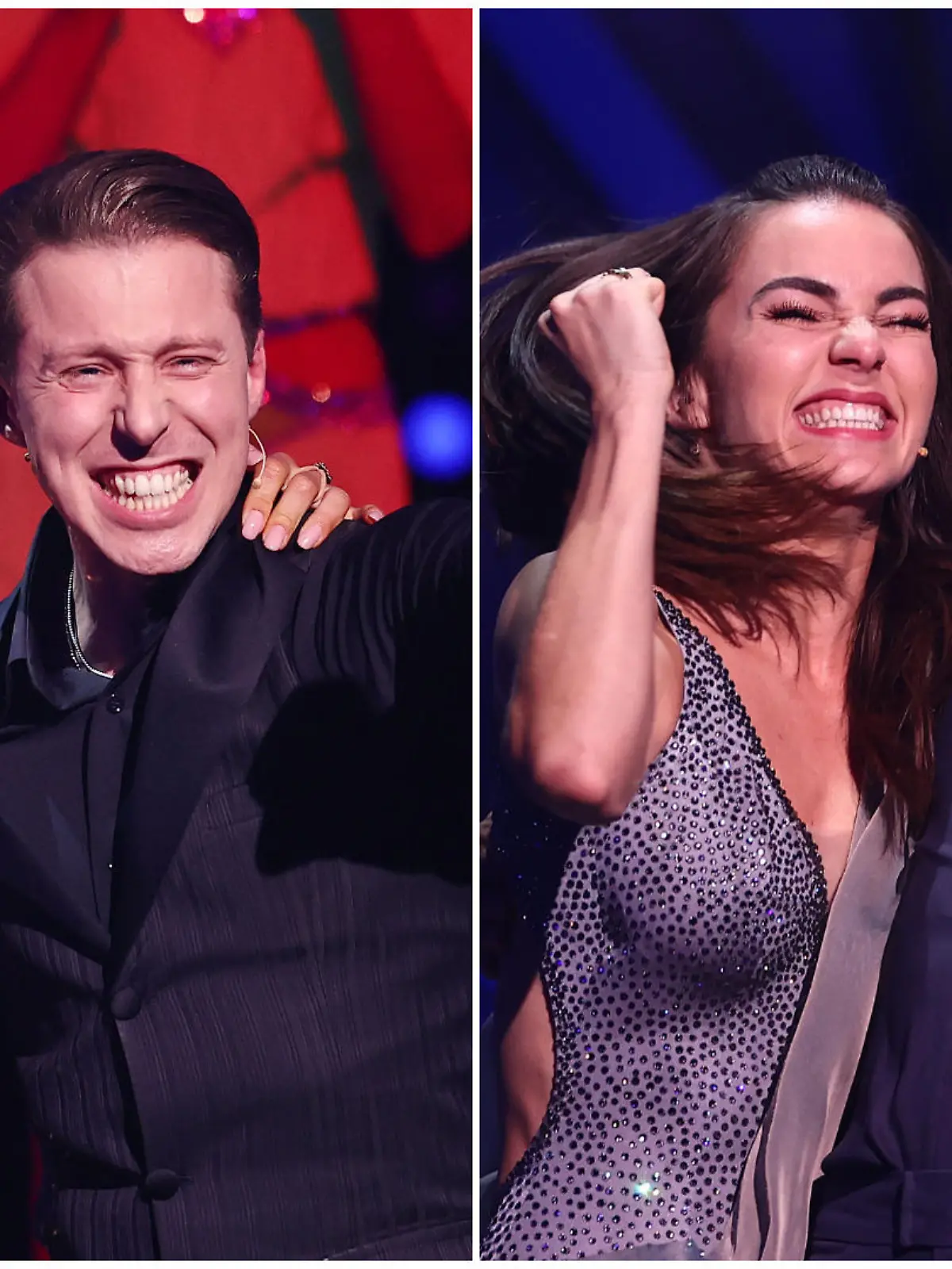 Valentin Lusin und Ehefrau Renata stehen beide mit ihren prominenten Tanzpartnern im "Let's Dance"-Finale