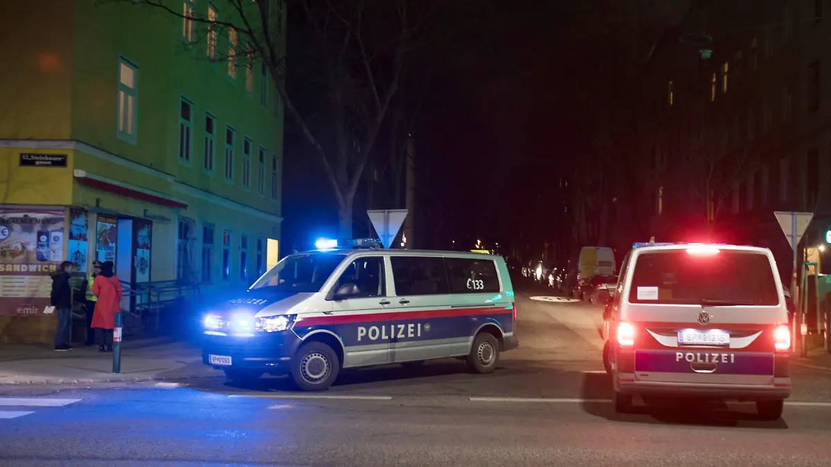 ÖSTERREICH; WIEN; 20190212; Polizeifahrzeuge mit Blaulicht in der nähe des Tatorts einer Schiesserei in der Herthergasse in Wien, 12 Bezirk, Meidling, am 12. Februar 2019. Bei der Schiesserei sind zwei Menschen lebensgefährlich verletzt worden. Die Polizei geht von einer Beziehungstat aus. ./// AUSTRIA; VIENNA; 20190212; Police vehicles with blue lights near the scene of a shooting in the Herthergasse in Vienna, 12 district, Meidling, on February 12, 2019. At the shooting two people were critically injured. The police assume a relationship act.