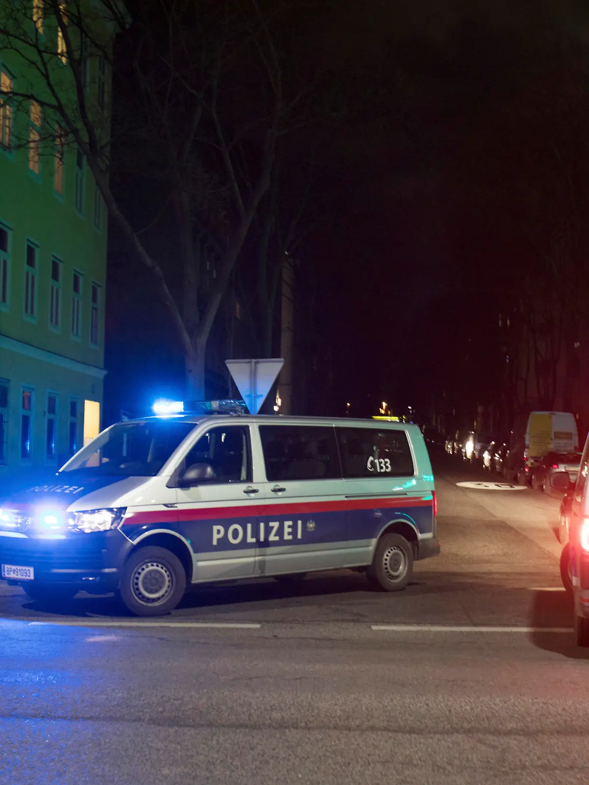 ÖSTERREICH; WIEN; 20190212; Polizeifahrzeuge mit Blaulicht in der nähe des Tatorts einer Schiesserei in der Herthergasse in Wien, 12 Bezirk, Meidling, am 12. Februar 2019. Bei der Schiesserei sind zwei Menschen lebensgefährlich verletzt worden. Die Polizei geht von einer Beziehungstat aus. ./// AUSTRIA; VIENNA; 20190212; Police vehicles with blue lights near the scene of a shooting in the Herthergasse in Vienna, 12 district, Meidling, on February 12, 2019. At the shooting two people were critically injured. The police assume a relationship act.