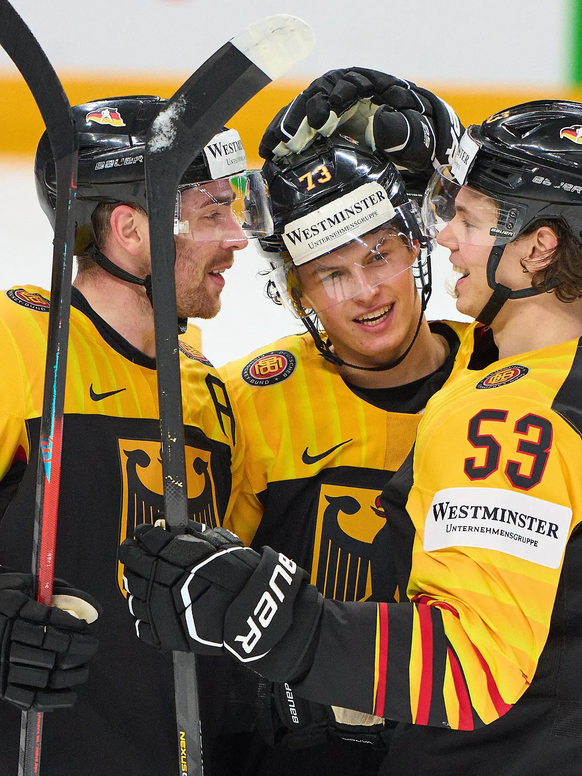  Lukas REICHEL, DEB 73 scores, shoots goal , Tor, Treffer, 6-2, celebration, jubel , with Marcel NOEBELS, DEB 92, Moritz SEIDER, DEB 53 GERMANY - ITALY IIHF Ice hockey, Eishockey WORLD CHAMPIONSHIPS in Riga, Latvia, Lettland, May 21, 2021, Season 2020/2021