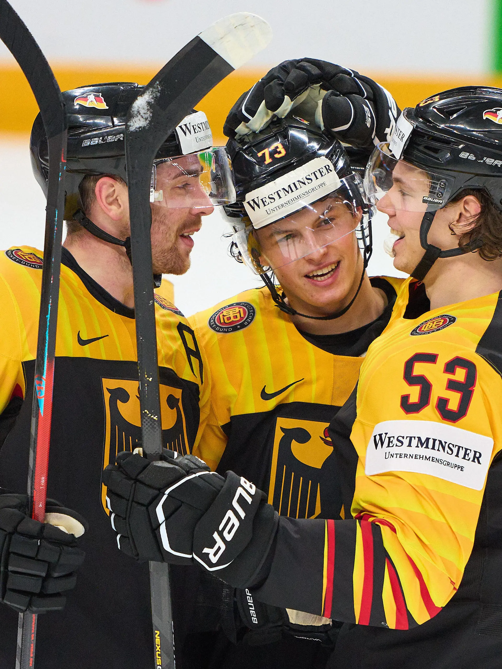  Lukas REICHEL, DEB 73 scores, shoots goal , Tor, Treffer, 6-2, celebration, jubel , with Marcel NOEBELS, DEB 92, Moritz SEIDER, DEB 53 GERMANY - ITALY IIHF Ice hockey, Eishockey WORLD CHAMPIONSHIPS in Riga, Latvia, Lettland, May 21, 2021, Season 2020/2021