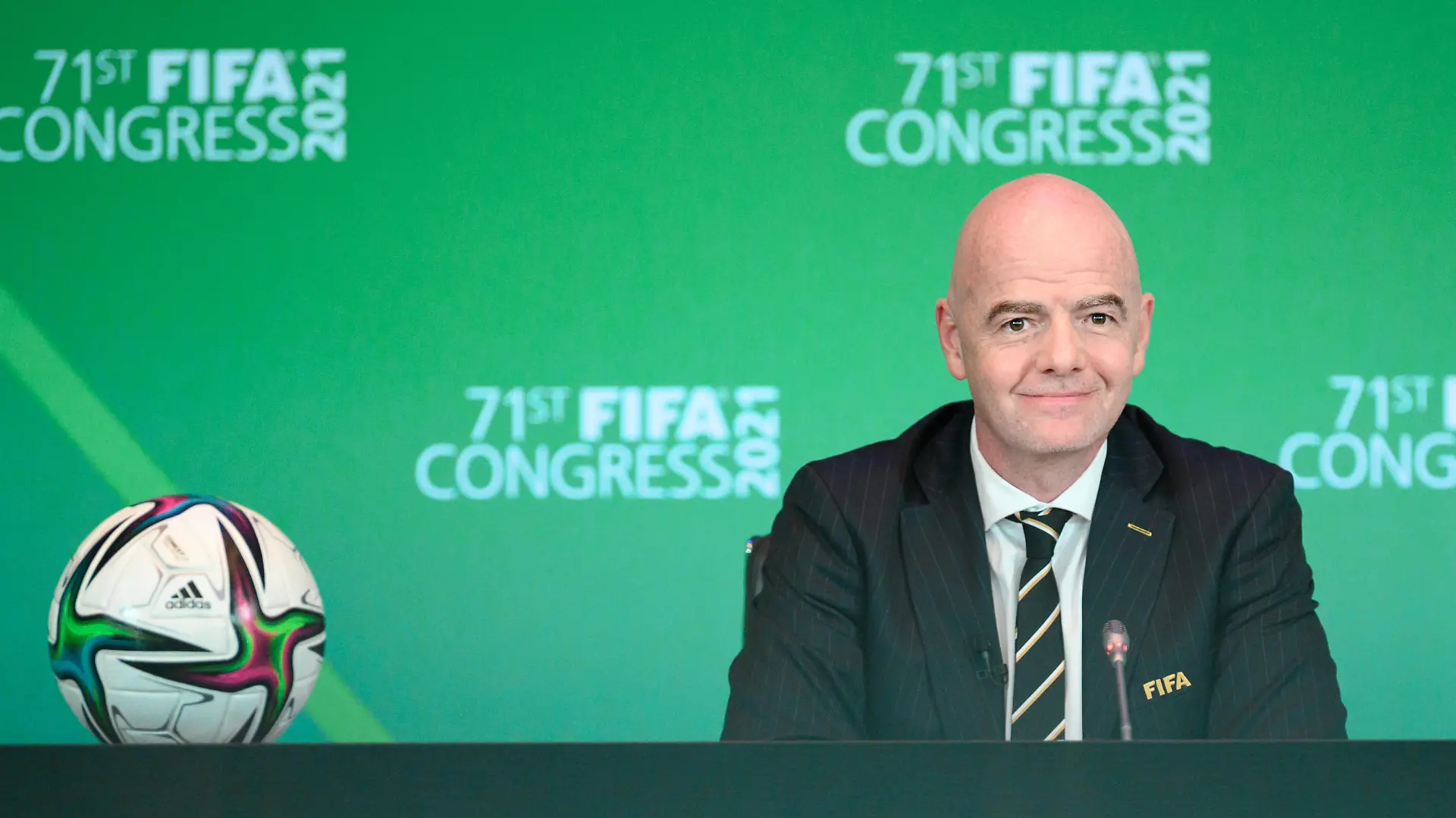 ZURICH, SWITZERLAND - MAY 21: FIFA President Gianni Infantino speaks during 71st FIFA Virtual Congress meeting at the Home of FIFA on May 21, 2021 in Zurich, Switzerland. (Photo by Pool/Getty Images)