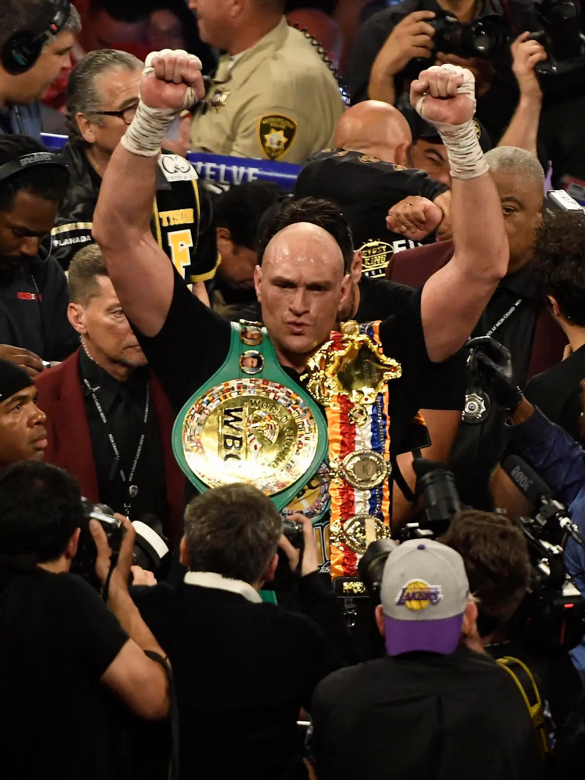 LAS VEGAS, NV - FEBRUARY 22: Tyson Fury holds his belts after going 7 rounds with Deontay Wilder at the MGM Grand Hotel Saturday Feb 22,2020. Las Vegas NV. Tyson Fury took the win by win TKO in the 7th round as the towel was thrown in from Wilder s corner for the world heavyweight championship in Las Vegas, Nevada. Photo by MB Media SPO, BOX, SPO, BOX PUBLICATIONxINxGERxSUIxAUTxONLY Copyright: xMBxMediax