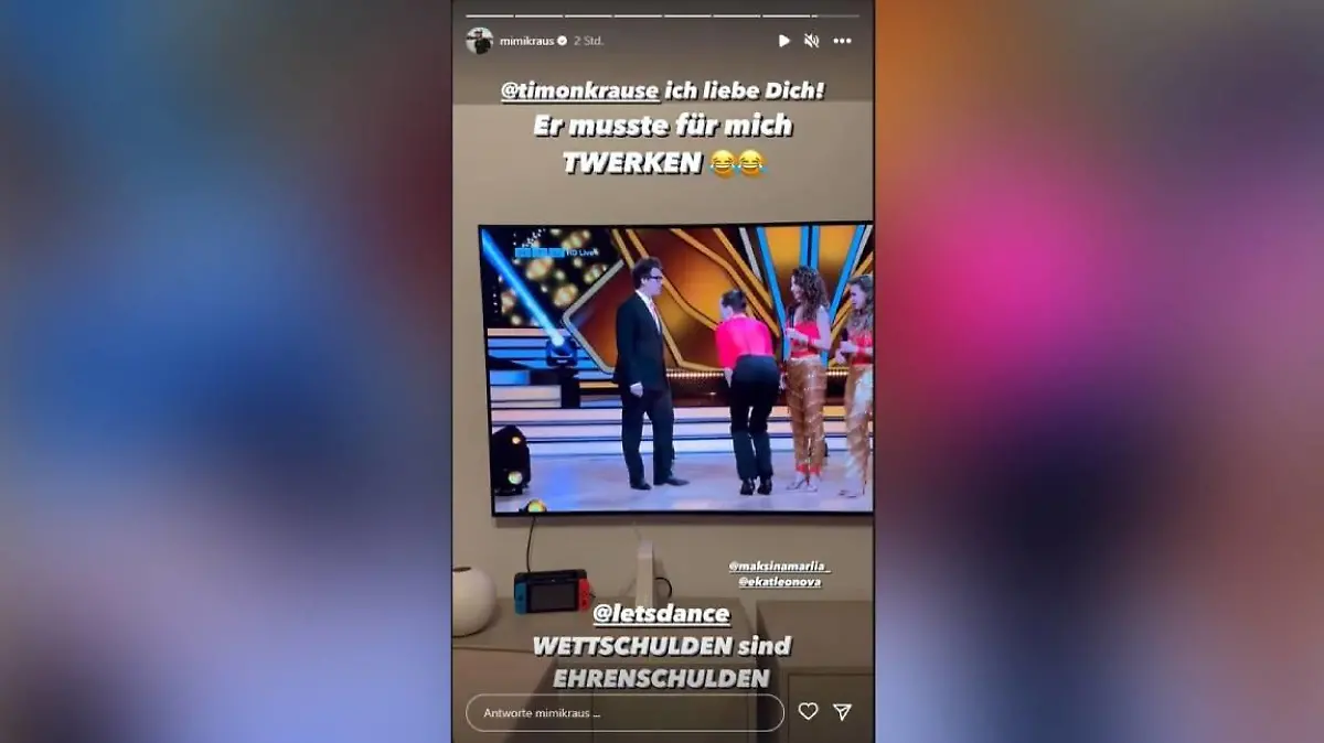 Timon Krauses ehemaliger "Let's Dance"-Mitstreiter Mimi Kraus reagiert in seiner Insta-Story prompt auf die erfüllte Wette