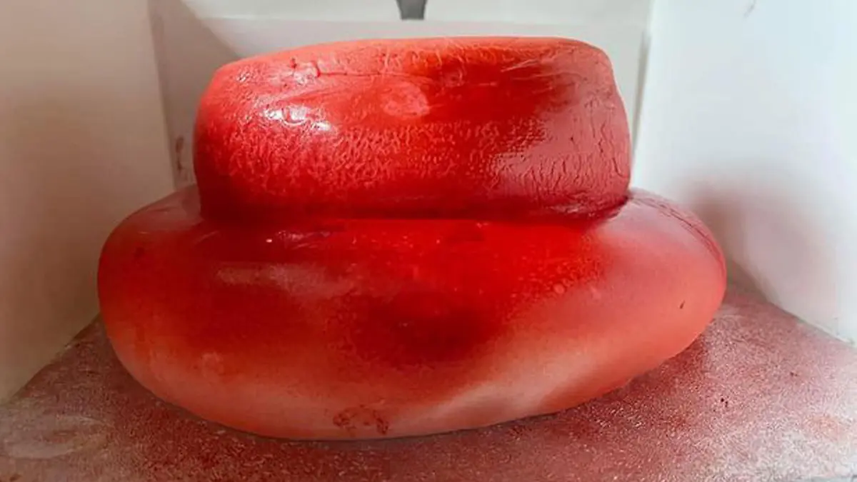 Eine rote Torte, die aussieht wie ein großer Fleck und eher Wackelpudding ähnelt.