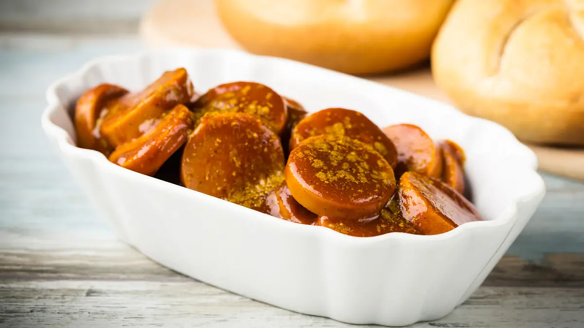 german currywurst - pieces of curried sausage