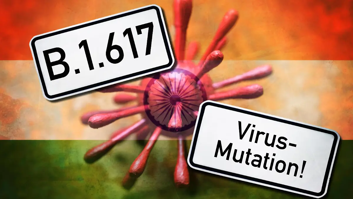  FOTOMONTAGE, Coronavirus und Fahne von Indien, Symbolfoto indische Virus-Mutation B.1.617 *** PHOTOMONTAGE, coronavirus and flag of India, symbol photo Indian virus mutation B 1 617
