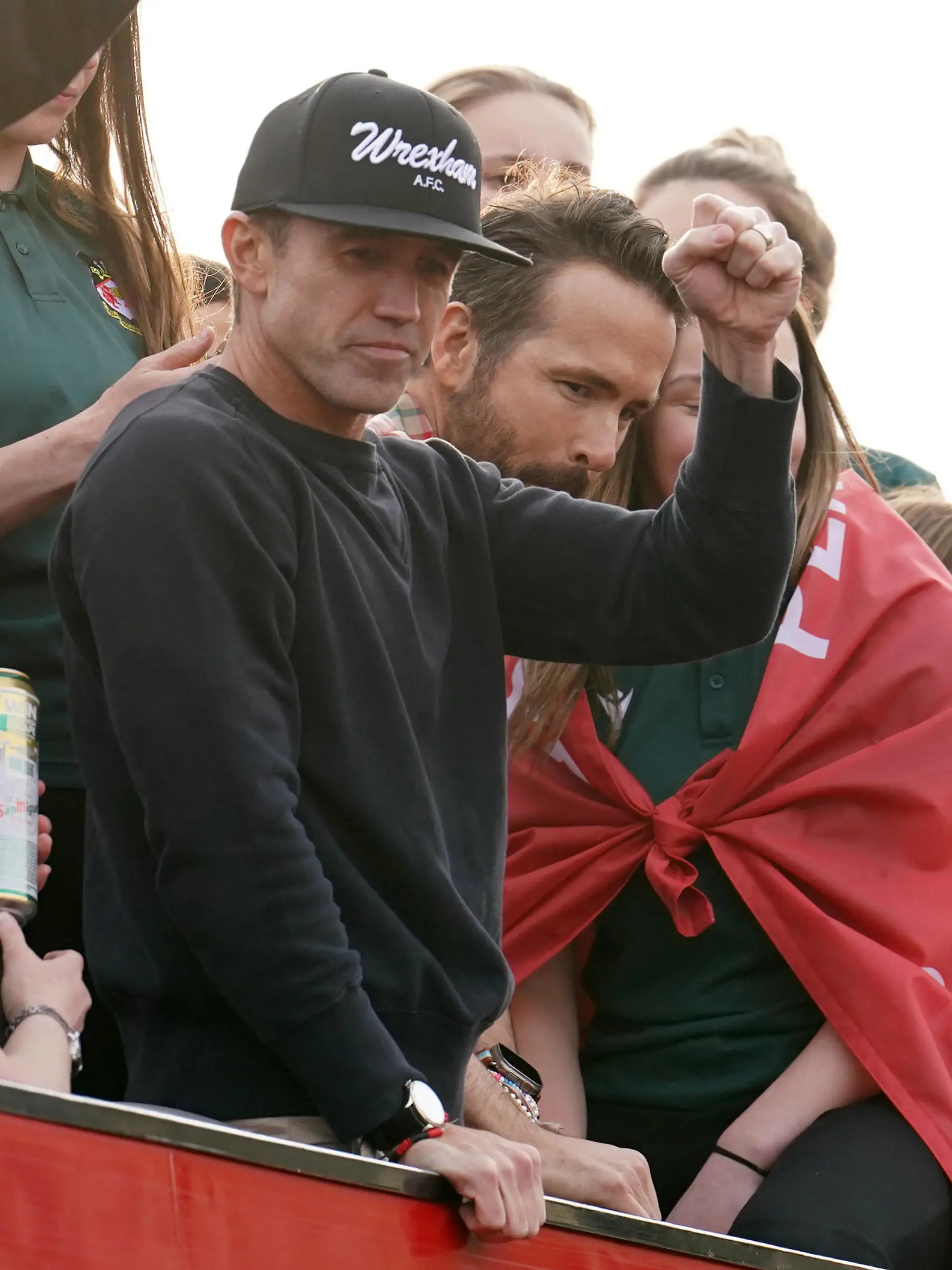Wrexham Victory Parade Wrexham Co-Owners, Rob McElhenney and Ryan Reynolds right celebrate during a victory parade in Wrexham, Wales. Picture date: Tuesday May 2, 2023. Use subject to restrictions. Editorial use only, no commercial use without prior consent from rights holder. PUBLICATIONxNOTxINxUKxIRL Copyright: xMartinxRickettx 71994133