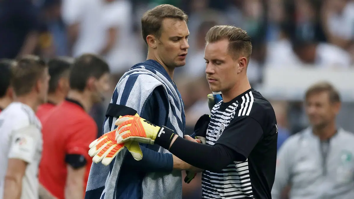 Fussball International - Vorbereitungsspiel, Deutschland (GER) - Saudi Arabien (SA ) 2-1 in der Bay-Arena in Leverkusen am 08. Juni 2018 Torwart Manuel NEUER (GER) li.- und Marc-Andre ter STEGEN (GER) re.- *** Soccer International Preparatory match Germany GER Saudi Arabia SA 2 1 at Bay Arena in Leverkusen on 08 June 2018 Goalkeeper Manuel NEUER GER li and Marc Andre ter STEGEN GER re