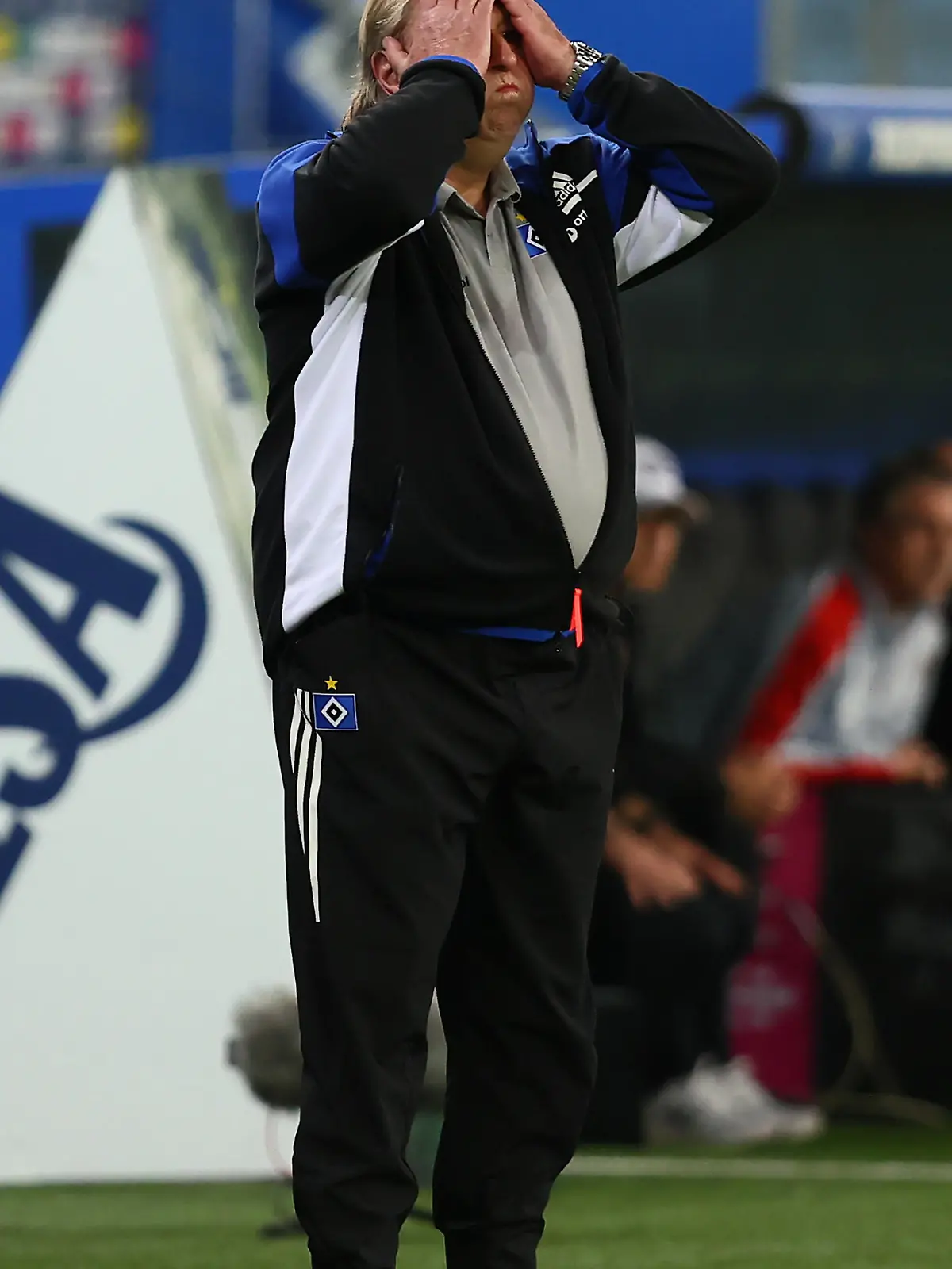 HAMBURG, GERMANY - MAY 10: Horst Hrubesch, Head Coach of Hamburger SV reacts during the Second Bundesliga match between Hamburger SV and 1. FC Nürnberg at Volksparkstadion on May 10, 2021 in Hamburg, Germany. Sporting stadiums around Germany remain under strict restrictions due to the Coronavirus Pandemic as Government social distancing laws prohibit fans inside venues resulting in games being played behind closed doors. (Photo by Martin Rose/Getty Images)