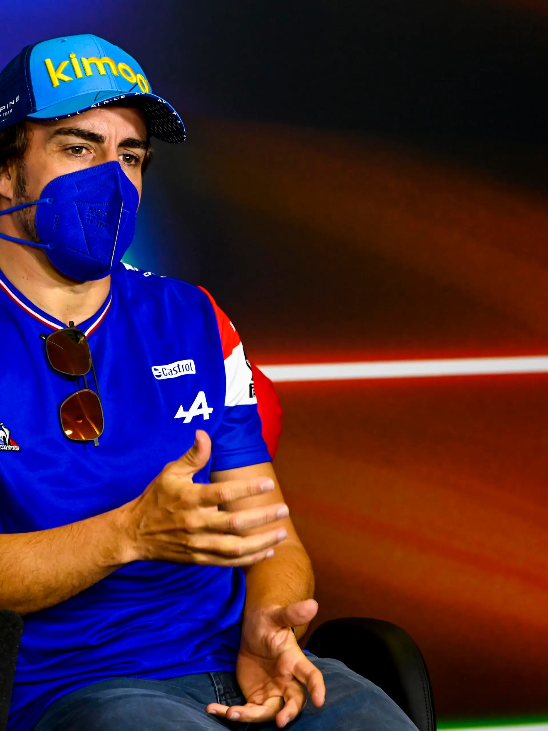 BARCELONA, SPAIN - MAY 06: Fernando Alonso of Spain and Alpine F1 Team talks in the Drivers Press Conference during previews ahead of the F1 Grand Prix of Spain at Circuit de Barcelona-Catalunya on May 06, 2021 in Barcelona, Spain. (Photo by Mark Sutton -- Pool/Getty Images)