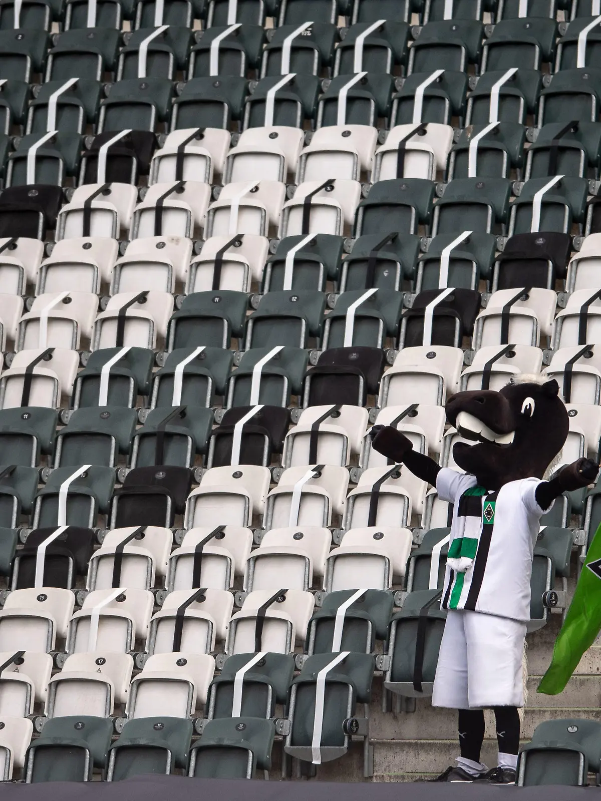 17.04.2021, Nordrhein-Westfalen, Mönchengladbach: Fußball: Bundesliga, Borussia Mönchengladbach - Eintracht Frankfurt, 29. Spieltag im Borussia-Park. Gladbachs Maskottchen Jünter jubelt auf der Tribüne. Foto: Marius Becker/dpa - WICHTIGER HINWEIS: Gemäß den Vorgaben der DFL Deutsche Fußball Liga bzw. des DFB Deutscher Fußball-Bund ist es untersagt, in dem Stadion und/oder vom Spiel angefertigte Fotoaufnahmen in Form von Sequenzbildern und/oder videoähnlichen Fotostrecken zu verwerten bzw. verwerten zu lassen. +++ dpa-Bildfunk +++