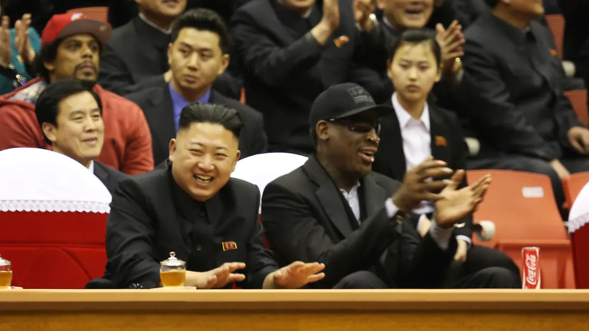 North Korean leader Kim Jong-un and former NBA star Dennis Rodman watch an exhibition basketball game in Pyongyang, North Korea, February 28, 2013, in this photo courtesy of VICE. REUTERS/VICE/Handout (NORTH KOREA - Tags: POLITICS SPORT) ATTENTION EDITORS -THIS IMAGE HAS BEEN SUPPLIED BY A THIRD PARTY. THIS PICTURE WAS PROCESSED BY REUTERS TO ENHANCE QUALITY, AND AN UNPROCESSED VERSION WILL BE PROVIDED SEPARATELY NO SALES. NO ARCHIVES. FOR EDITORIAL USE ONLY. NOT FOR SALE FOR MARKETING OR ADVERTISING CAMPAIGNS. MANDATORY CREDIT