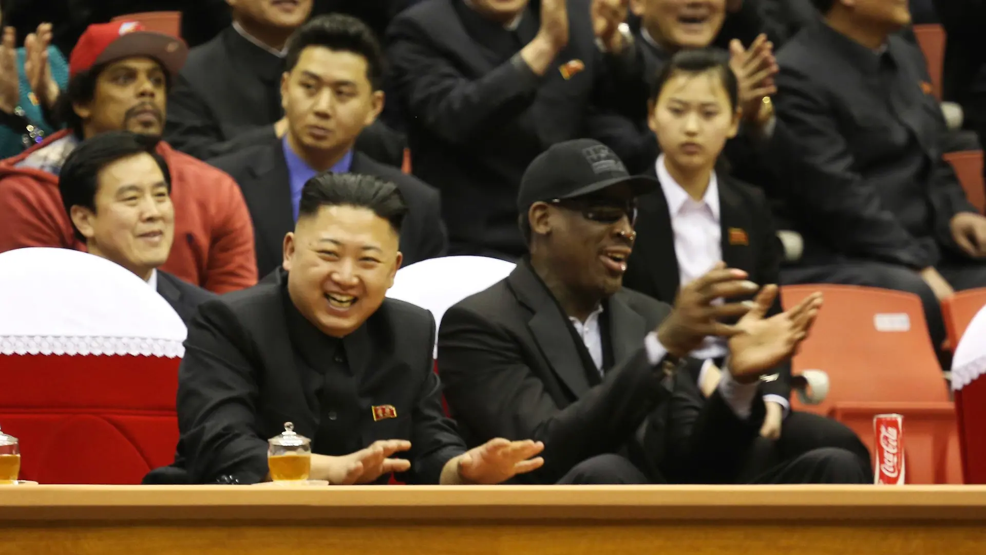 North Korean leader Kim Jong-un and former NBA star Dennis Rodman watch an exhibition basketball game in Pyongyang, North Korea, February 28, 2013, in this photo courtesy of VICE. REUTERS/VICE/Handout (NORTH KOREA - Tags: POLITICS SPORT) ATTENTION EDITORS -THIS IMAGE HAS BEEN SUPPLIED BY A THIRD PARTY. THIS PICTURE WAS PROCESSED BY REUTERS TO ENHANCE QUALITY, AND AN UNPROCESSED VERSION WILL BE PROVIDED SEPARATELY NO SALES. NO ARCHIVES. FOR EDITORIAL USE ONLY. NOT FOR SALE FOR MARKETING OR ADVERTISING CAMPAIGNS. MANDATORY CREDIT
