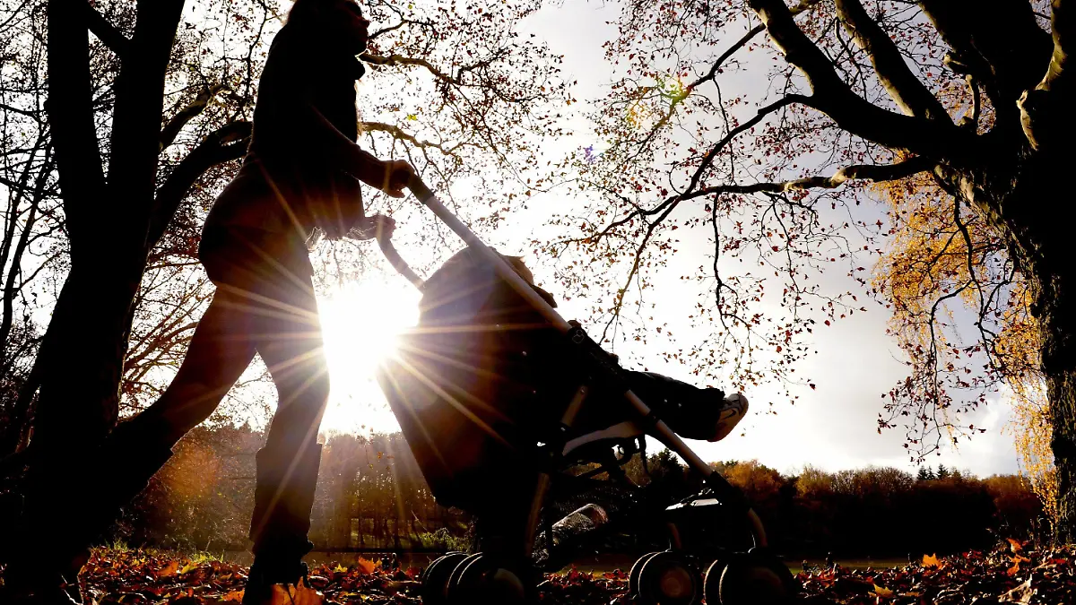 Eine junge Frau schiebt am Dienstag (17.11.2009) im Volkspark Rehberge im Berliner Stadtteil Wedding einen kleinen Jungen in einem Kinderwagen. Die Temperaturen liegen zwischen acht und elf Grad, vereinzelt kommt es zu Schauern. Foto: Robert Schlesinger dpa/lbn +++(c) dpa - Bildfunk+++
