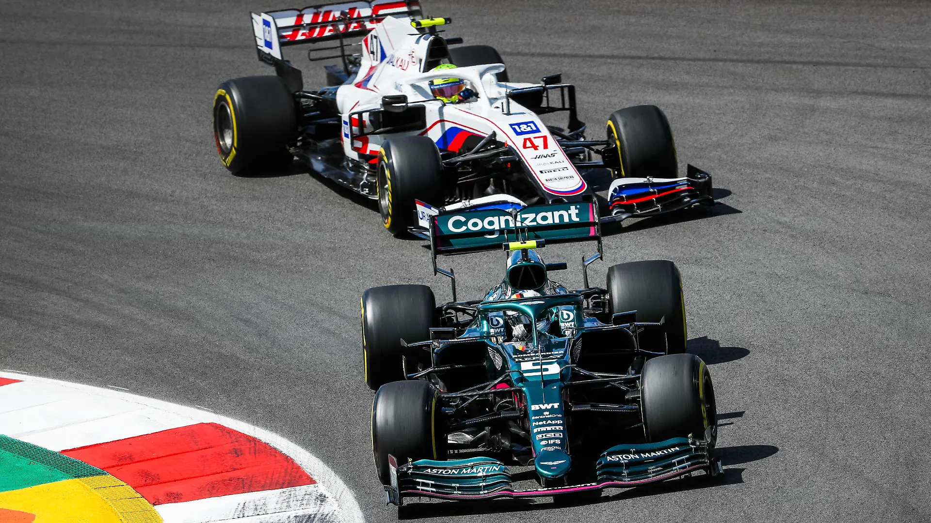  5 Sebastian Vettel GER, Aston Martin Cognizant F1 Team, 47 Mick Schumacher GER, Haas F1 Team, F1 Grand Prix of Portugal at Autodromo Internacional do Algarve on May 2, 2021 in Portimao, Portugal. Photo by HOCH ZWEI Portimao Portugal *** 5 Sebastian Vettel GER, Aston Martin Cognizant F1 Team , 47 Mick Schumacher GER, Haas F1 Team , F1 Grand Prix of Portugal at Autodromo Internacional do Algarve on May 2, 2021 in Portimao, Portugal Photo by HOCH ZWEI Portimao Portugal 