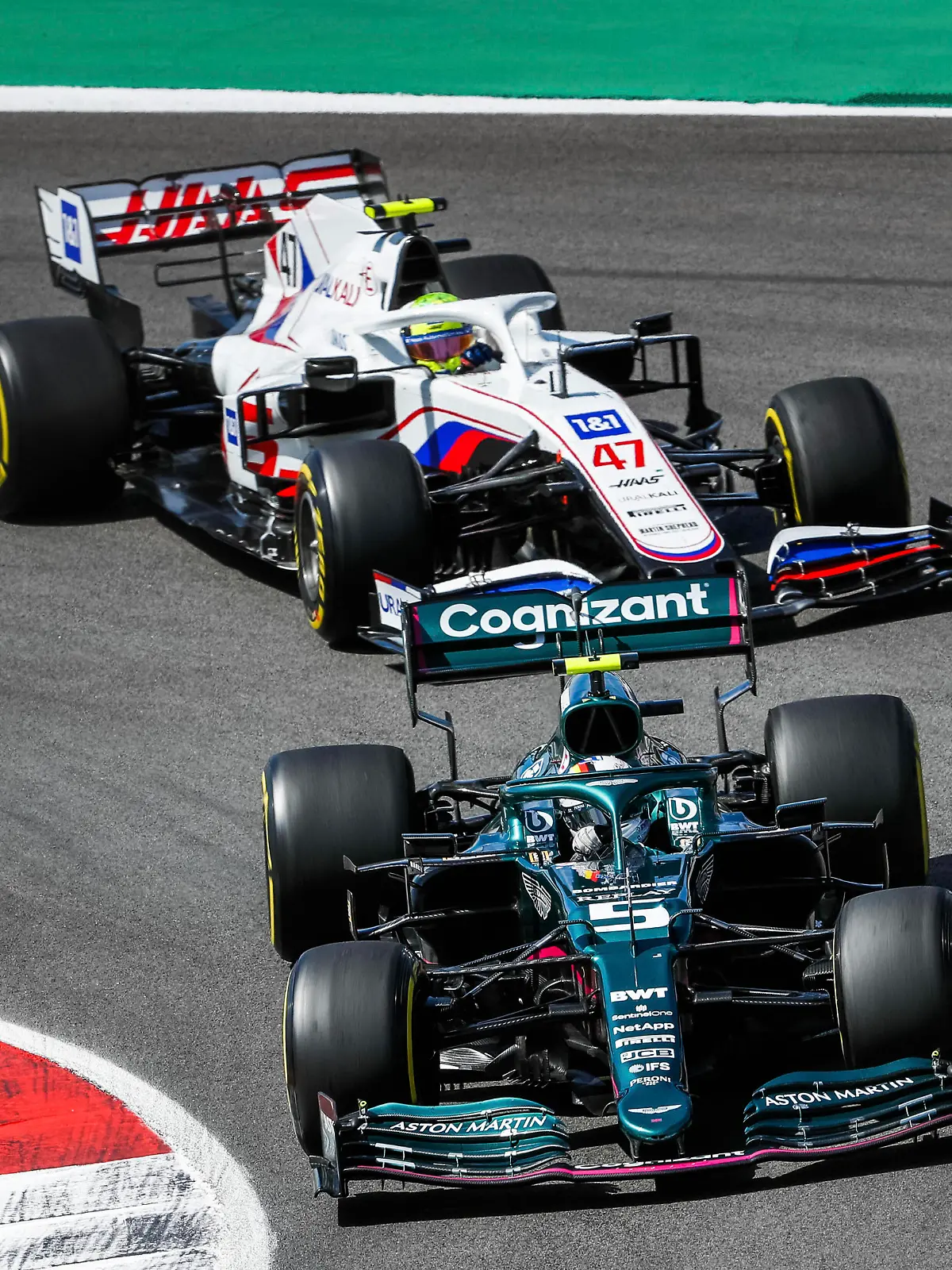  5 Sebastian Vettel GER, Aston Martin Cognizant F1 Team, 47 Mick Schumacher GER, Haas F1 Team, F1 Grand Prix of Portugal at Autodromo Internacional do Algarve on May 2, 2021 in Portimao, Portugal. Photo by HOCH ZWEI Portimao Portugal *** 5 Sebastian Vettel GER, Aston Martin Cognizant F1 Team , 47 Mick Schumacher GER, Haas F1 Team , F1 Grand Prix of Portugal at Autodromo Internacional do Algarve on May 2, 2021 in Portimao, Portugal Photo by HOCH ZWEI Portimao Portugal 