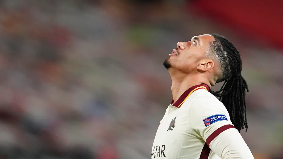 Roma's Chris Smalling reacts at the end of the Europa League semi final, first leg soccer match between Manchester United and Roma at Old Trafford in Manchester, England, Thursday, April 29, 2021. (AP Photo/Jon Super)