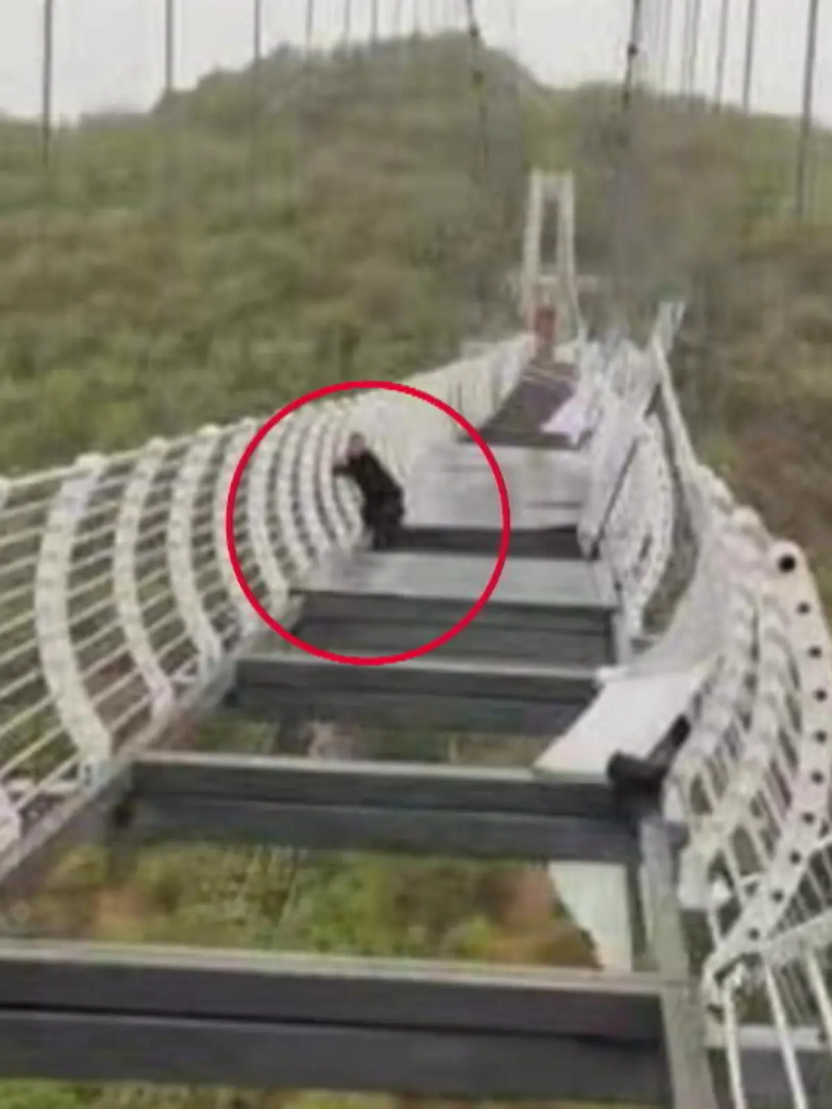 Heftiger Wind hat die Glasplatten einer Glasbrücke in China abgehoben oder zerstört, zahlreiche Touristen mussten aus hundert Metern Höhe von Einsatzkräften gerettet werden. Ein Foto des Vorfalls zeigt einen Mann, der sich am Geländer festklammert und über dem Abgrund festhängt.