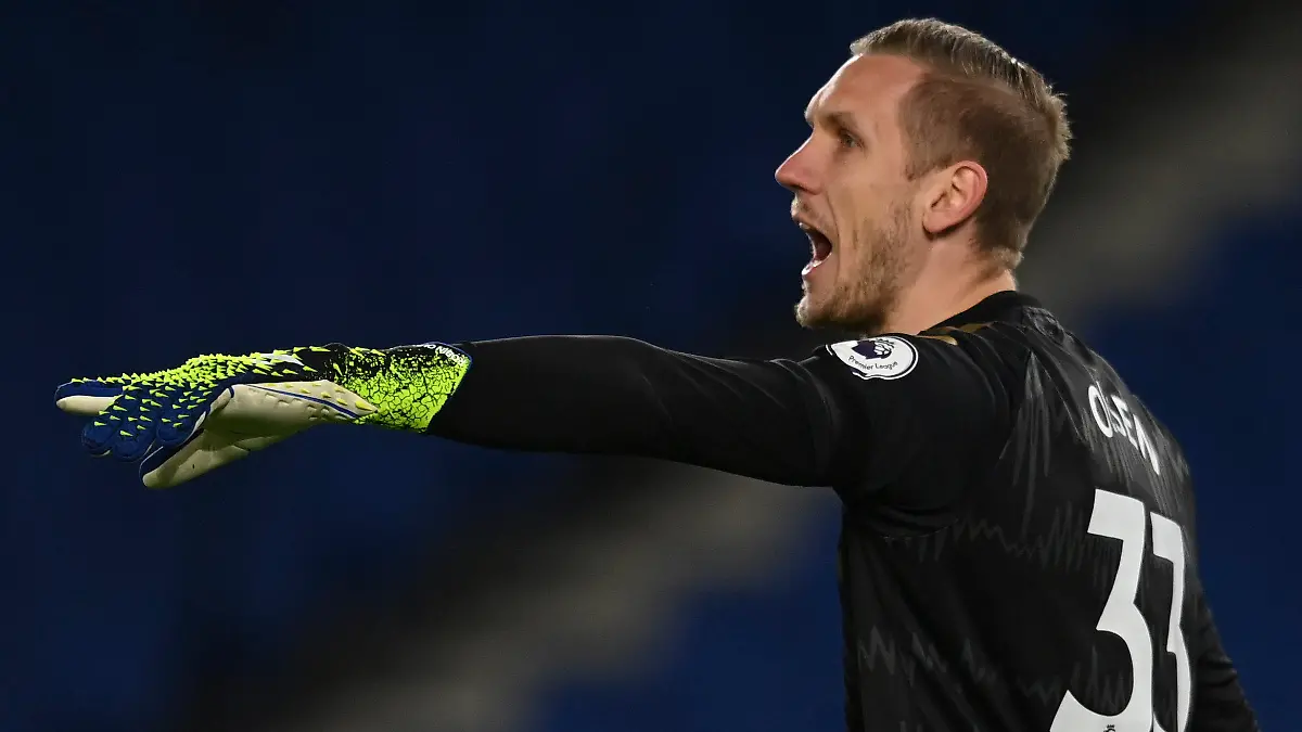 Everton's goalkeeper Robin Olsen reacts during the English Premier League soccer match between Brighton and Everton at the Falmer Stadium in Brighton, England, Monday, April 12, 2021. (Glyn Kirk/Pool via AP)