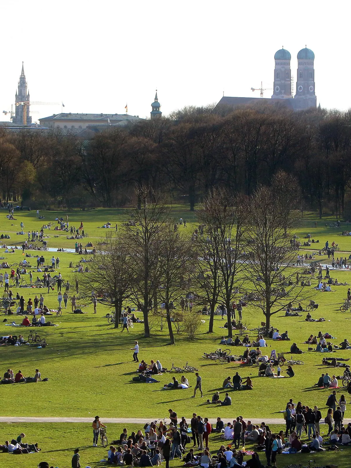 Frühlingserwachen bei frühsommerlichen Temperaturen in München: Andrang Sonnenhungriger auf einer Liegewiese im Englischen Garten, Bayern, Deutschland *** Spring awakening at early summer temperatures in Munich. Crowds of sun worshipers on a lawn in the English Garden. Bavaria. Germany  
