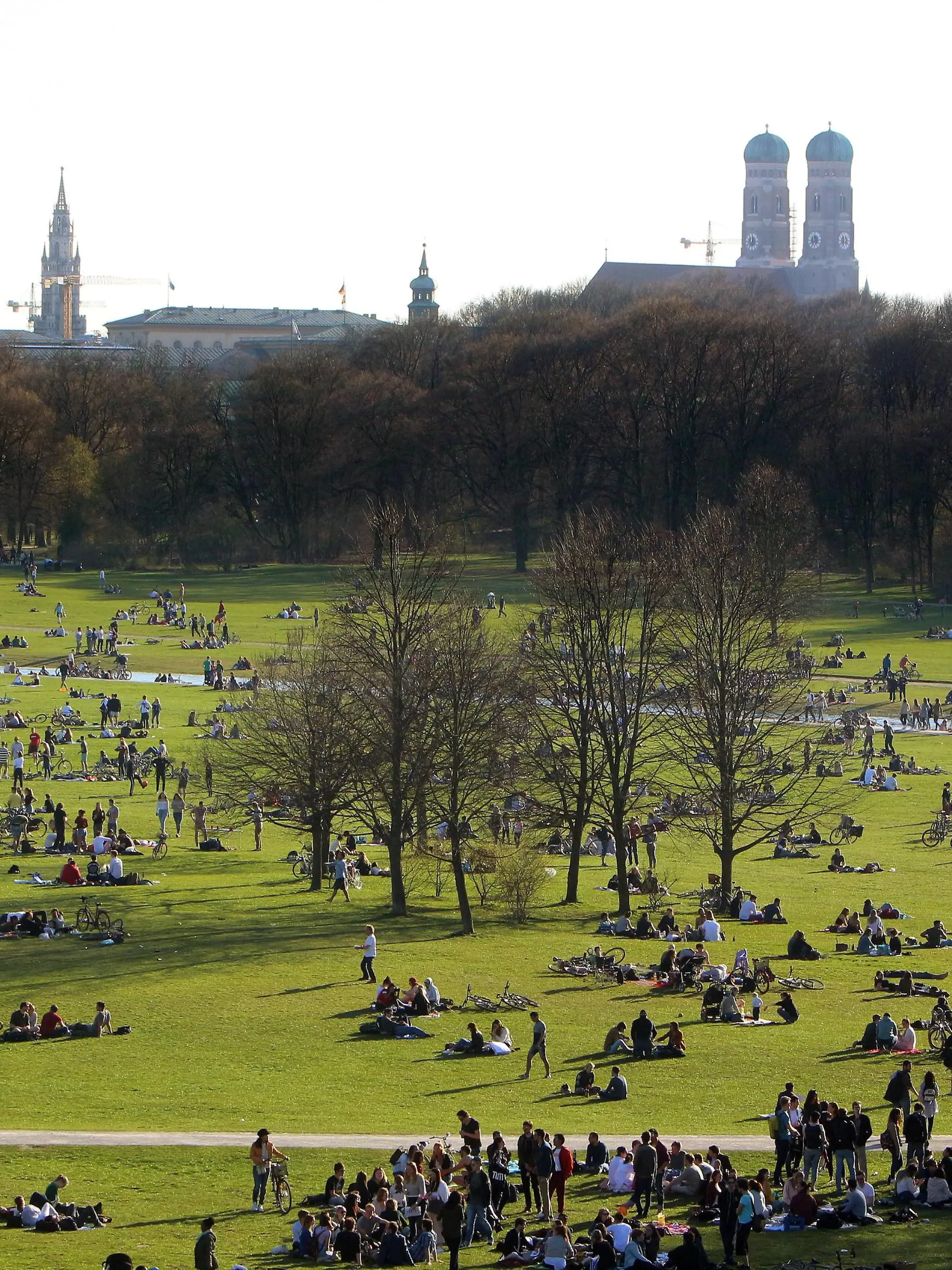 Frühlingserwachen bei frühsommerlichen Temperaturen in München: Andrang Sonnenhungriger auf einer Liegewiese im Englischen Garten, Bayern, Deutschland *** Spring awakening at early summer temperatures in Munich. Crowds of sun worshipers on a lawn in the English Garden. Bavaria. Germany  