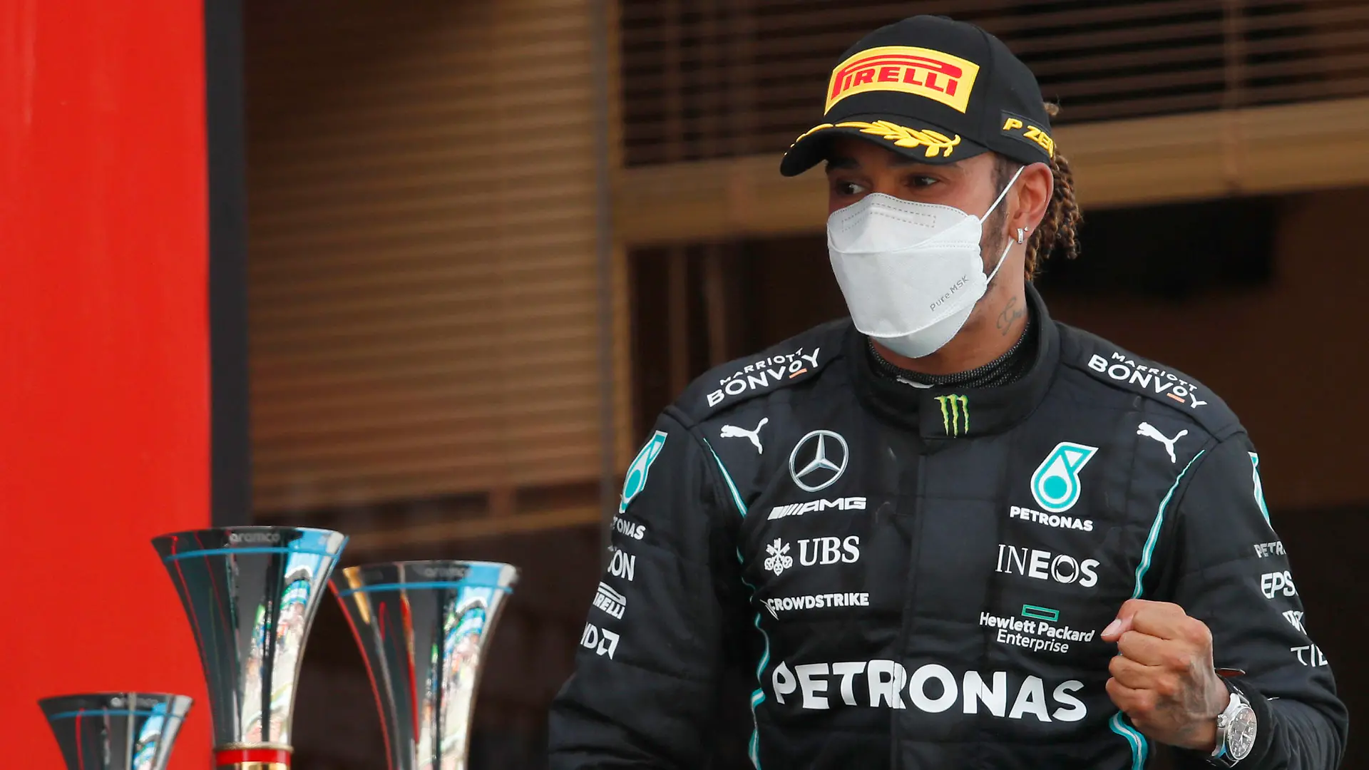  Formula 1 2021: Spanish GP CIRCUIT DE BARCELONA-CATALUNYA, SPAIN - MAY 09: Sir Lewis Hamilton, Mercedes, 1st position, arrives on the podium during the Spanish GP at Circuit de Barcelona-Catalunya on Sunday May 09, 2021 in Barcelona, Spain. Photo by Zak Mauger / LAT Images Images PUBLICATIONxINxGERxSUIxAUTxHUNxONLY GP2104_144830_54I6775