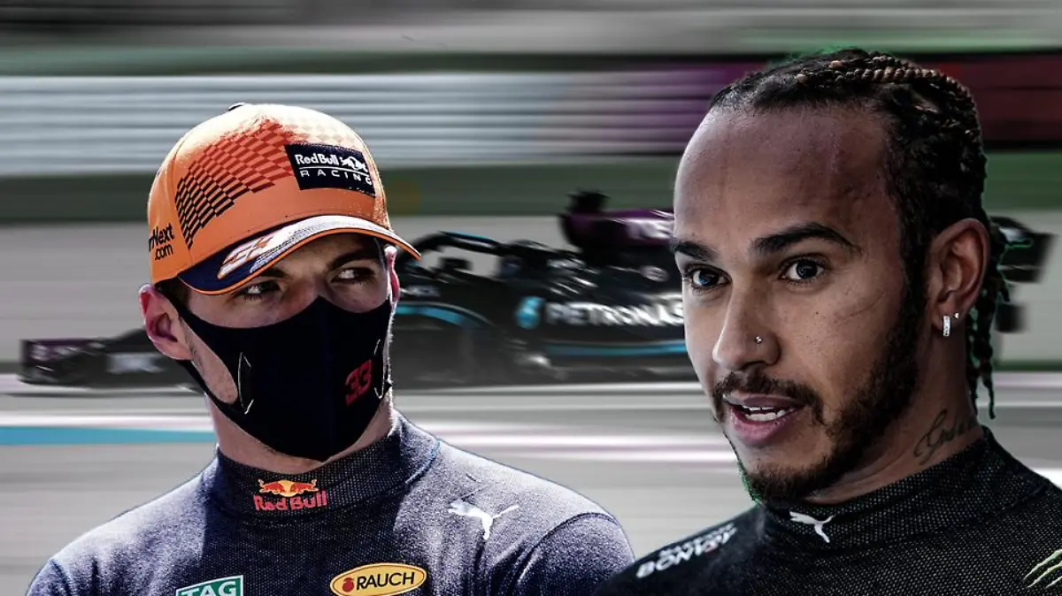 Bildkombo mit Max Verstappen (l.) und Lewis Hamilton (r.) im Hintergrund ein Mercedes-Bolide