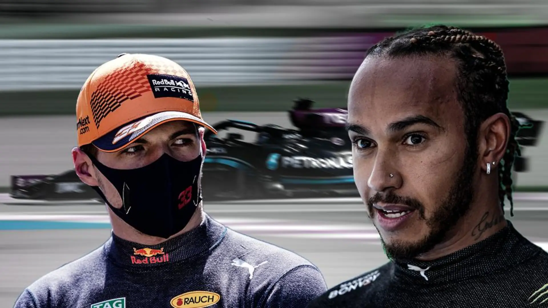 Bildkombo mit Max Verstappen (l.) und Lewis Hamilton (r.) im Hintergrund ein Mercedes-Bolide