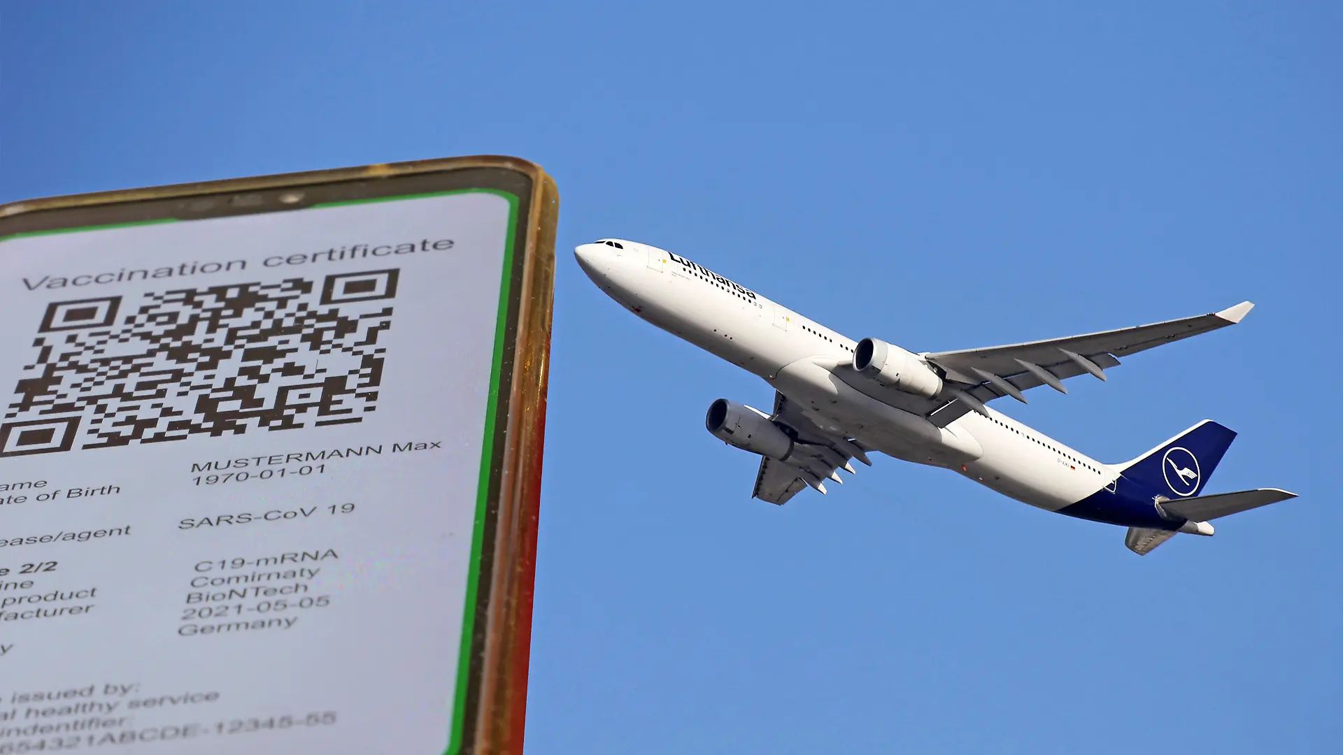 Symbolbild: Digitaler Grüner Pass und eine startende Lufthansal-Maschine *** Symbolic image of a digital green passport and a Lufthansal aircraft taking off Copyright: xx