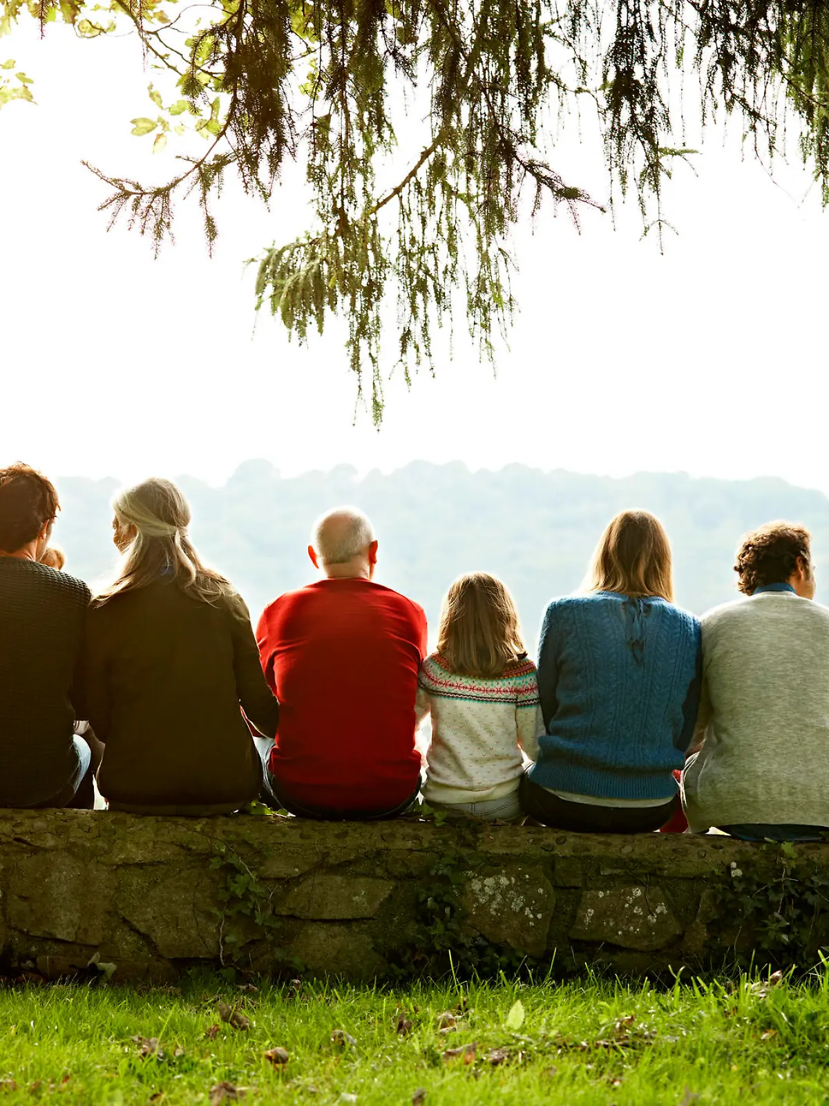 Familie sitzt eng zusammen auf einem Baumstamm.