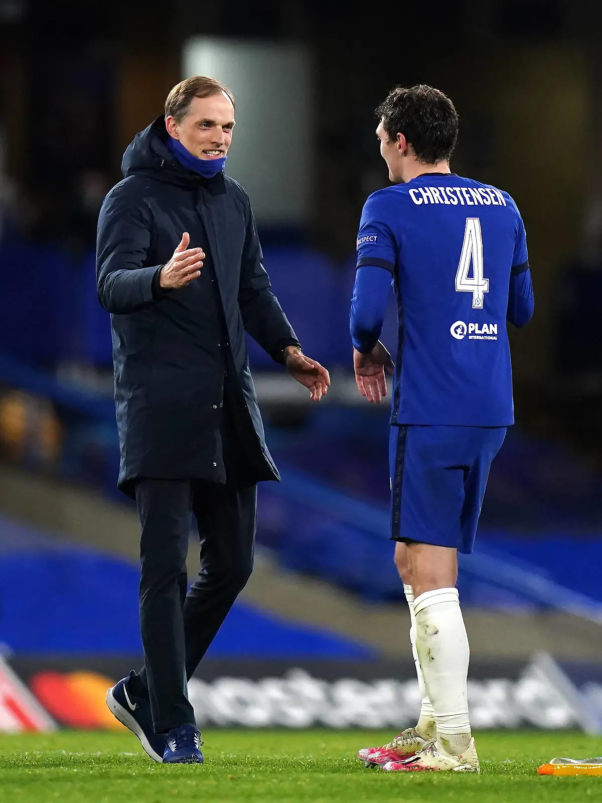 Chelsea v Real Madrid - UEFA Champions League - Semi Final - Second Leg - Stamford Bridge Chelsea manager Thomas Tuchel greets Chelsea s Andreas Christensen after the final whistle during the UEFA Champions League Semi Final second leg match at Stamford Bridge, London. Picture date: Wednesday May 5, 2021. Editorial use only, no commercial use without prior consent from rights holder. PUBLICATIONxINxGERxSUIxAUTxONLY Copyright: xAdamxDavyx 59594002 