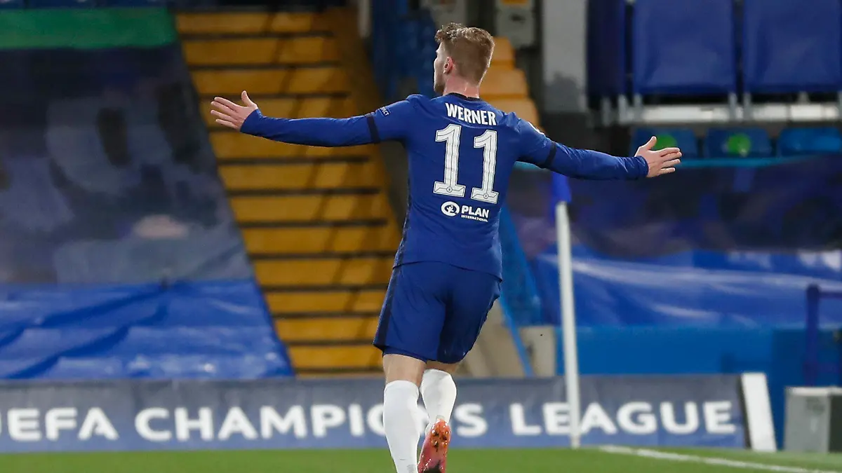 05.05.2021, Großbritannien, London: Fußball: Champions League, FC Chelsea - Real Madrid, K.o.-Runde, Halbfinale, Rückspiel im Stamford Bridge Stadion. Chelseas Timo Werner freut sich über sein Tor zum 1:0. Foto: Alastair Grant/AP/dpa +++ dpa-Bildfunk +++