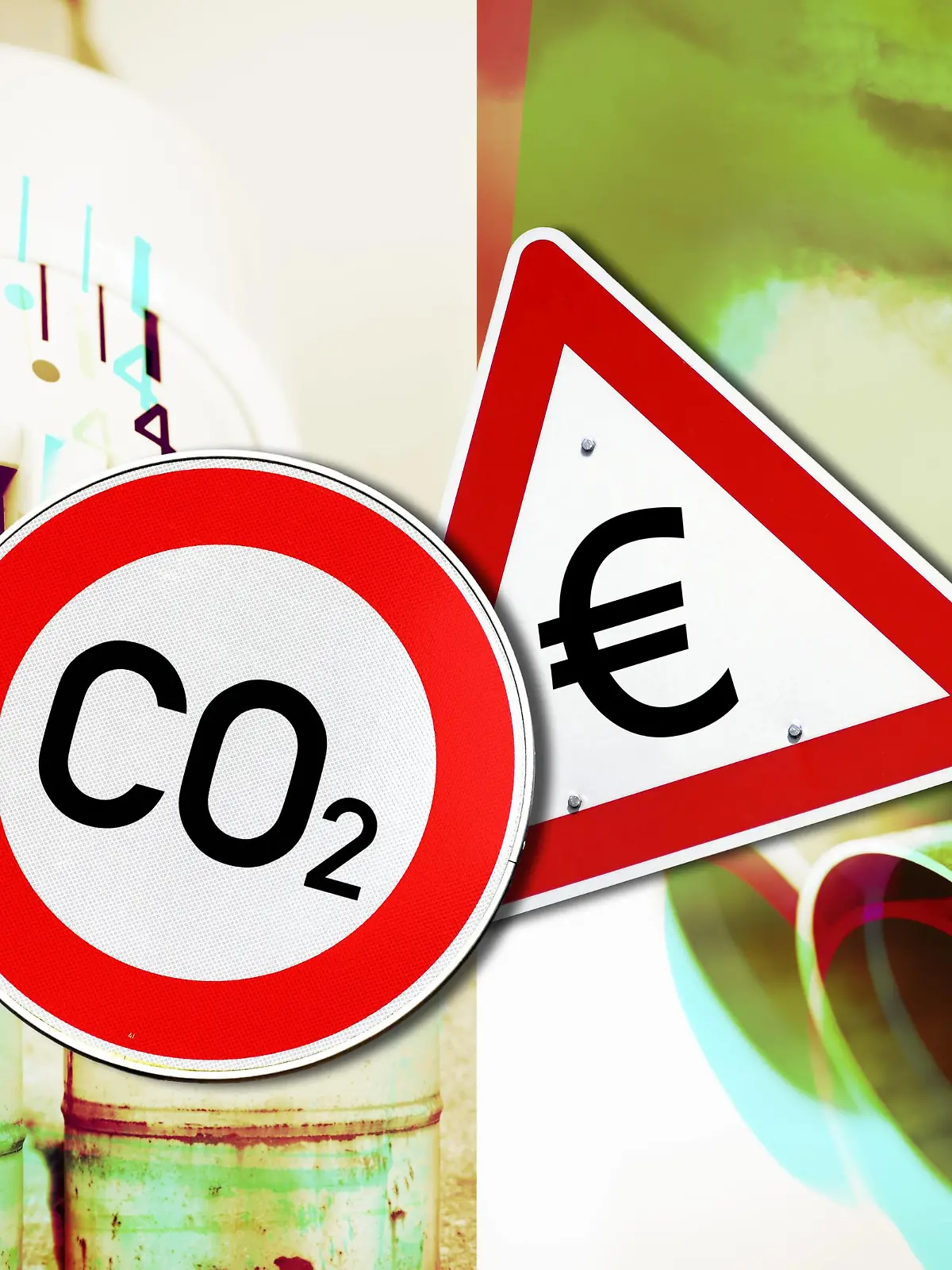 FOTOMONTAGE, CO2-Schild, Warnschild mit Eurozeichen, Heizungsthermostat, Auspuff, Heizölfässer, Kohleverbrennung, Symbolfoto CO2-Steuer *** PHOTOMONTAGE CO2 sign warning sign with Euro sign heating thermostat exhaust fuel oil barrels coal combustion symbol photo CO2 tax  