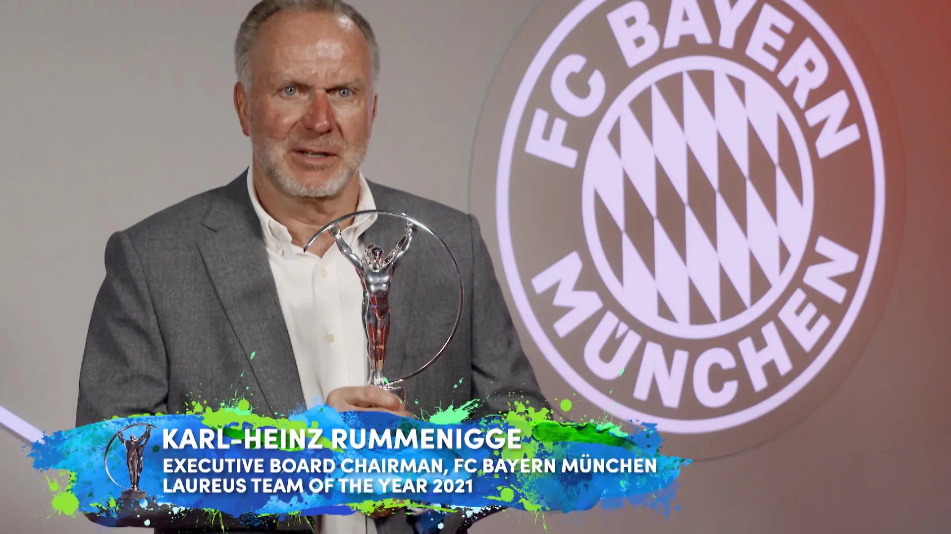 UNSPECIFIED - UNSPECIFIED DATE: In this handout screengrab released on May 6 , Karl Heinz Rummenigge, Executive Board Chairman of Bayern Munich speaks on behalf of the team after winning the Laureus World Team of the Year Award during the Laureus World Sports Awards 2021 Virtual Award Ceremony. (Photo by Handout/Laureus via Getty Images)